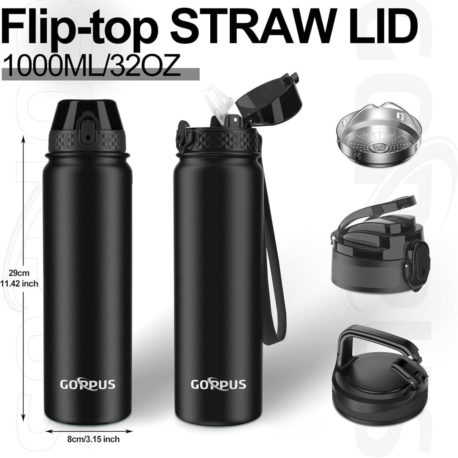 Zwei schwarze Wasserflaschen mit Klappdeckel-Strohhalm-Verschluss, als Marke 'GORPUS' gekennzeichnet, präsentiert mit austauschbaren Deckelkomponenten und Größenangaben: 1000ml/32oz.