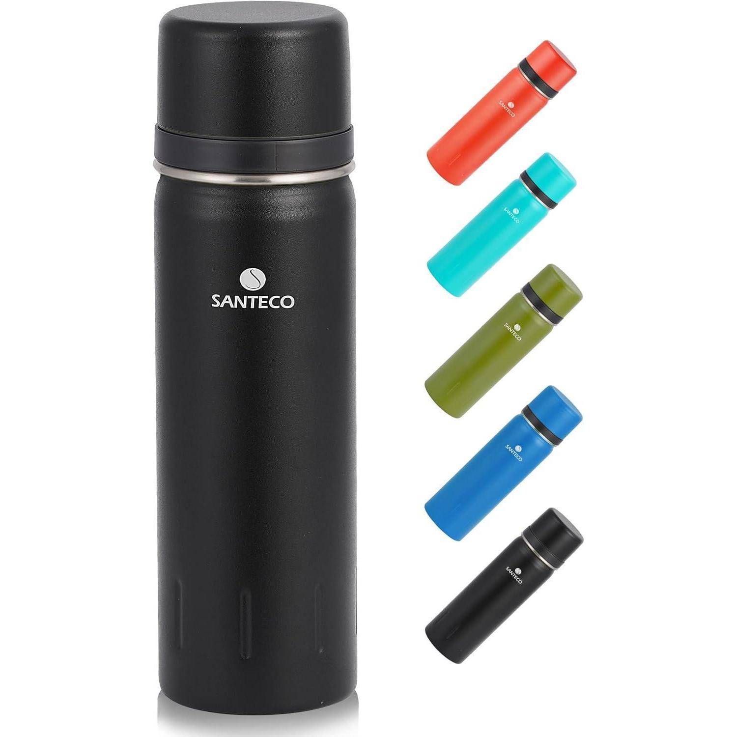 Schwarze Thermoskanne mit Markenlogo; zusammen mit roten, petrol-, grünen und blauen Variationen abgebildet.