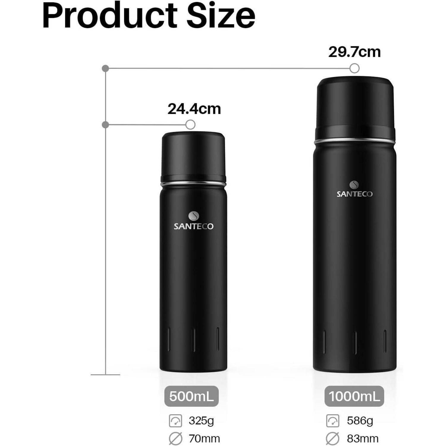 Zwei schwarze SANTECO Thermoflaschen werden gezeigt. Die 500-ml-Flasche ist 24,4 cm hoch, wiegt 325 g und ist 70 mm breit. Die 1000-ml-Flasche ist 29,7 cm hoch, wiegt 586 g und ist 83 mm breit.