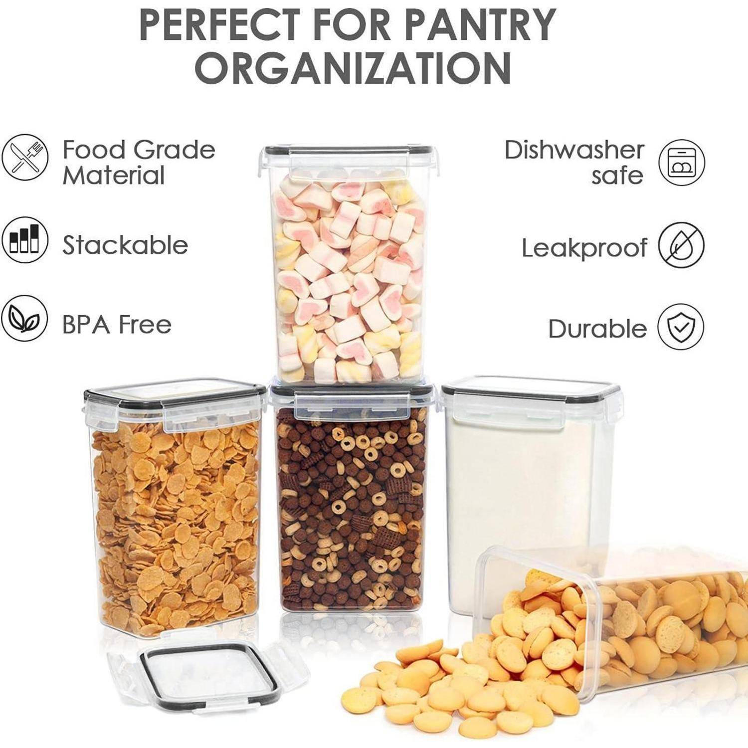 Aufbewahrungsbehälter 'Perfekt für die Speisekammerorganisation' mit Müsli, Marshmallows und Keksen. Eigenschaften: lebensmittelecht, stapelbar, BPA-frei, spülmaschinenfest, auslaufsicher, langlebig.