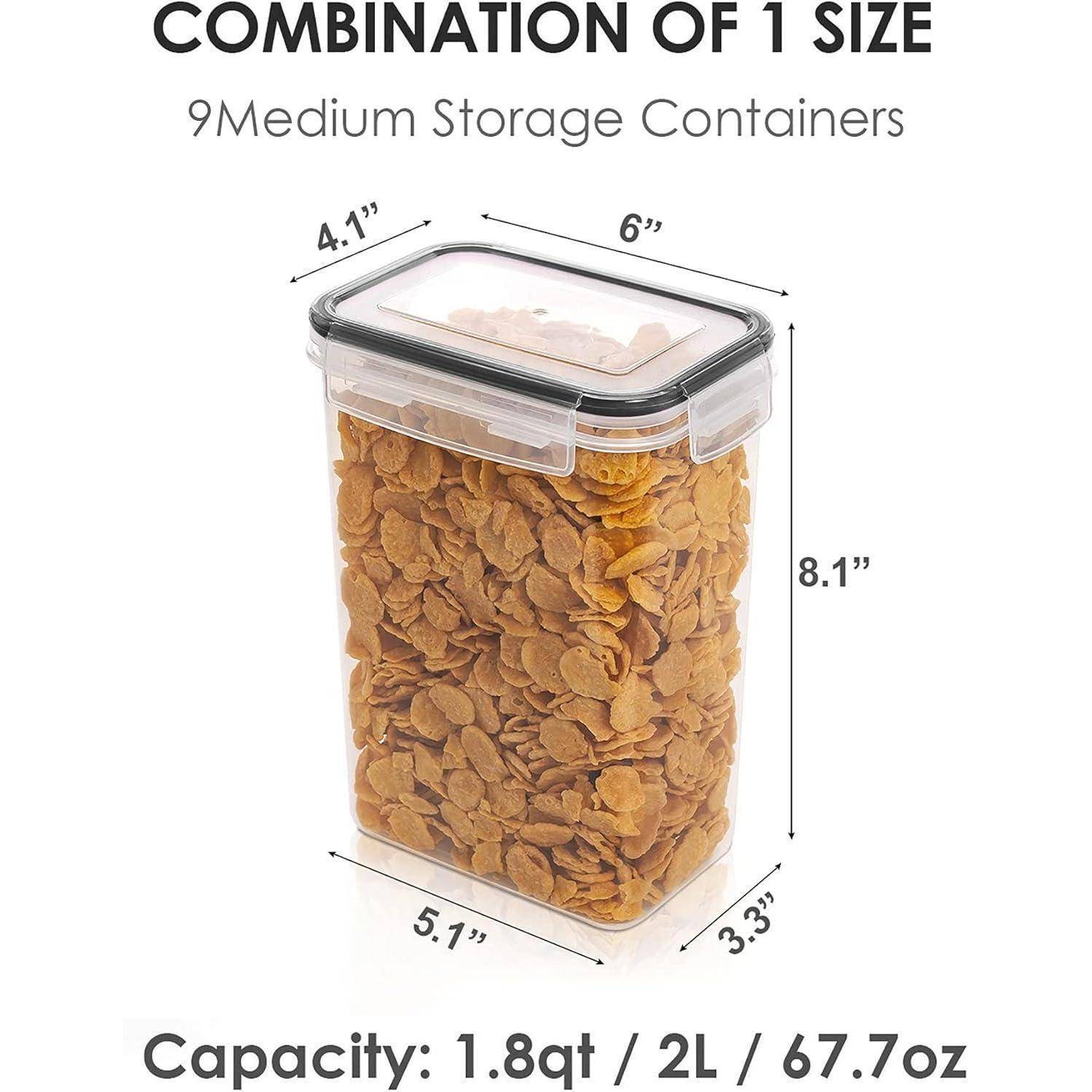 Ein transparenter Aufbewahrungsbehälter gefüllt mit Müsli. Text lautet: „Kombination von 1 Größe, 9 mittelgroße Aufbewahrungsbehälter, Kapazität: 1,8 qt / 2 L / 67,7 oz
