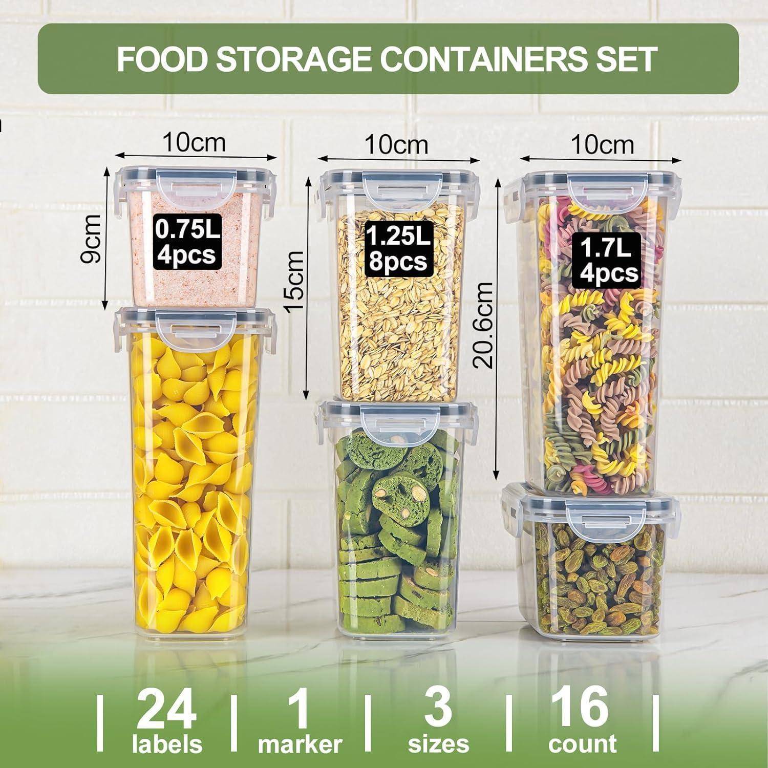 Lebensmittel-Aufbewahrungsbehälter-Set' umfasst 16 transparente Behälter in drei Größen mit luftdichten Deckeln, beschriftet mit Volumen und Menge.