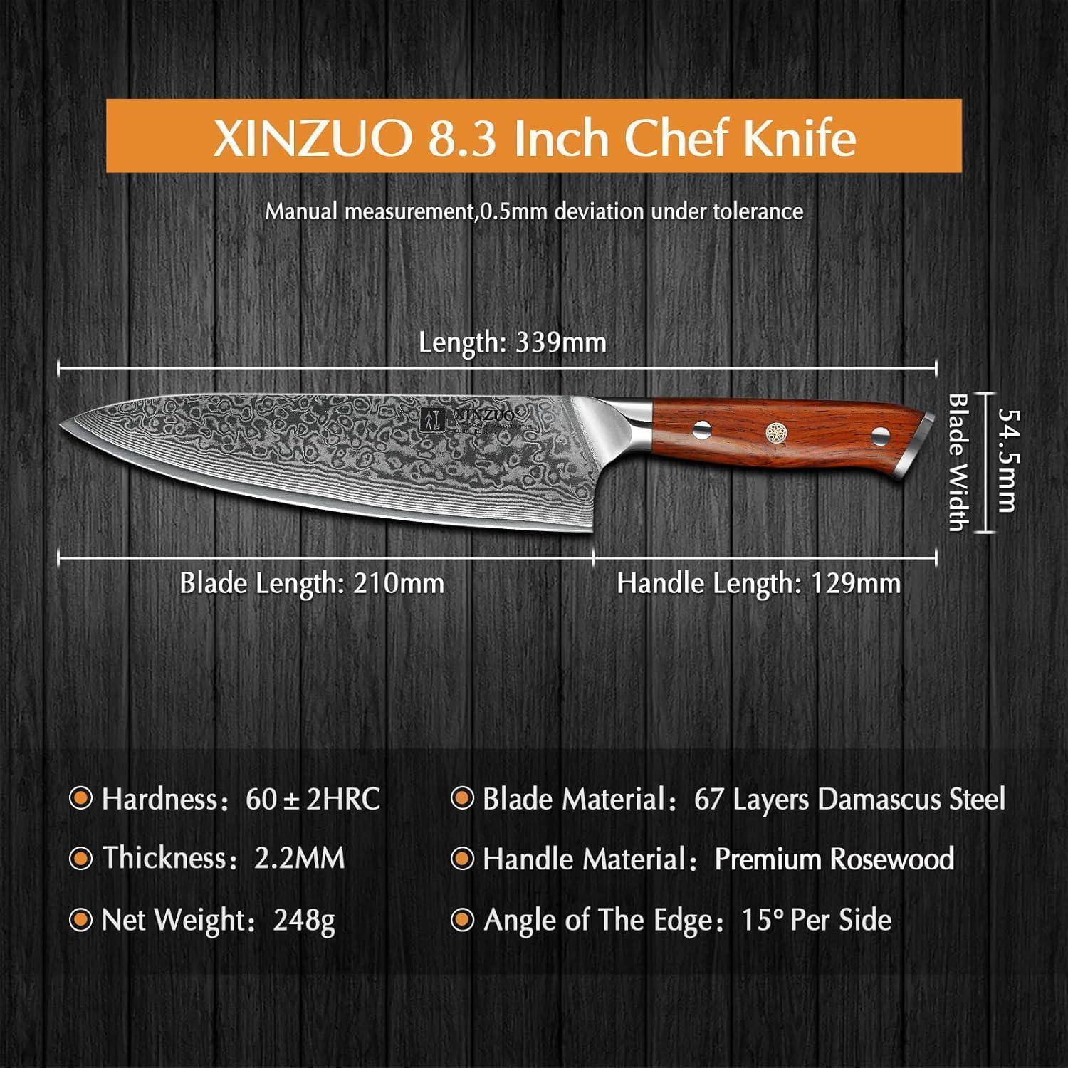 XINZUO 8,3 Zoll Kochmesser' mit 60±2 HRC Härte, 67-lagigem Damaszenerstahl, 2,2 mm Dicke und 248 g Gewicht. Klingenlänge: 210 mm.