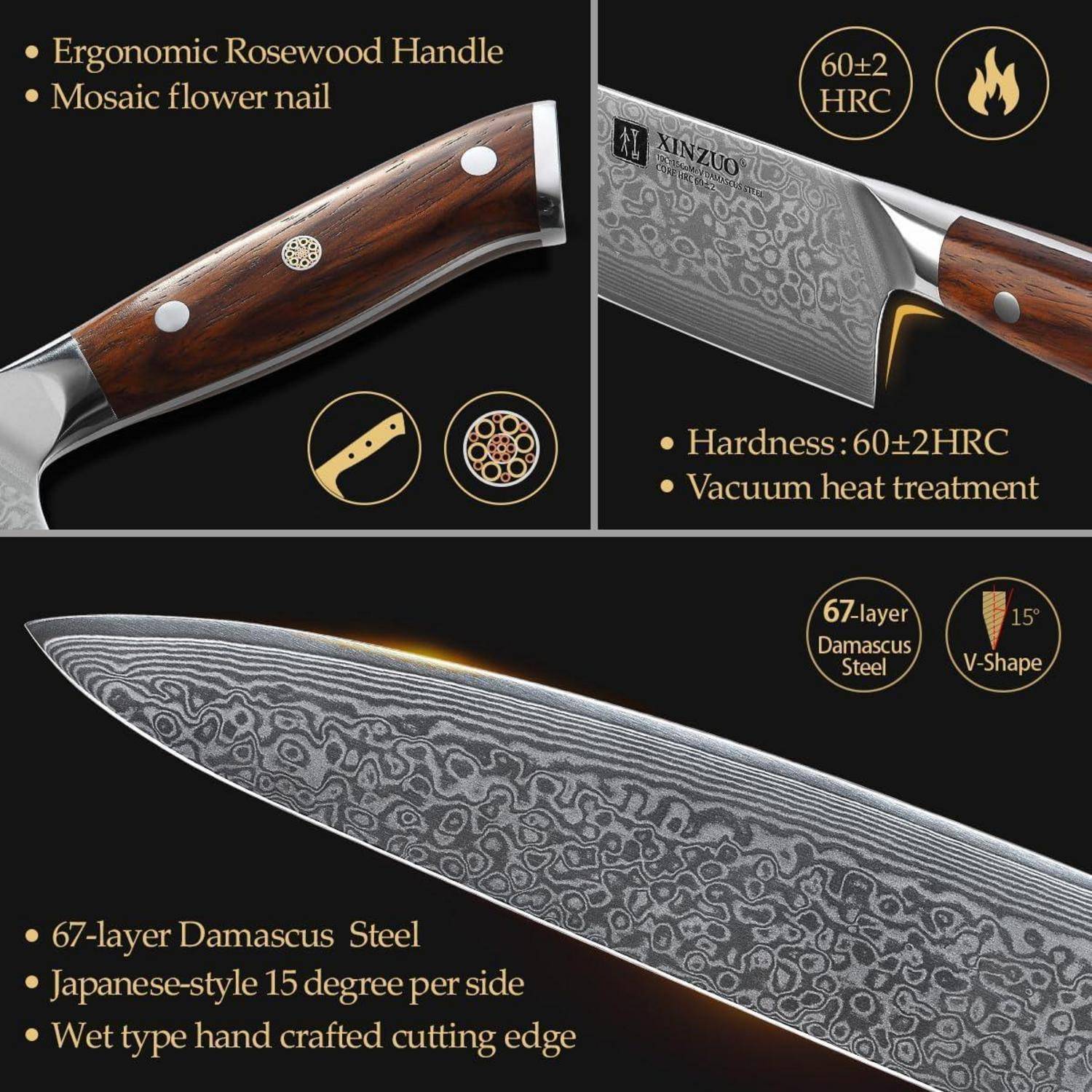 Messer mit ergonomischem Rosenholzgriff und Mosaikblumen-Nagel. Merkmale umfassen 67-lagigen Damaszener-Stahl, 60±2 HRC und Vakuum-Wärmebehandlung.