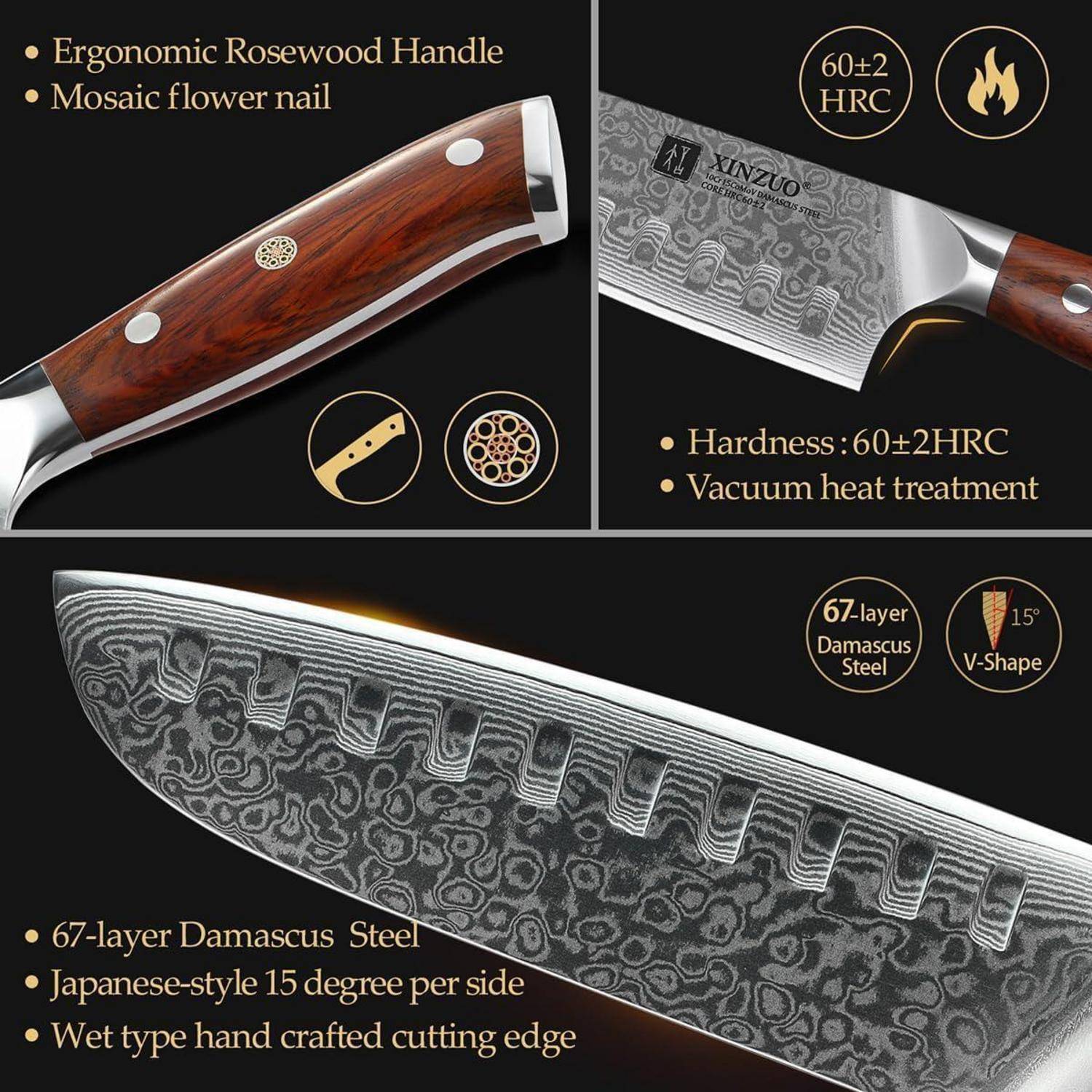 Kochmesser mit ergonomischem Rosenholzgriff, 67-lagiger Damaszener-Stahlklinge, 15-Grad-Schneidkante, 60+2 HRC Härte, Vakuum-Wärmebehandlung.