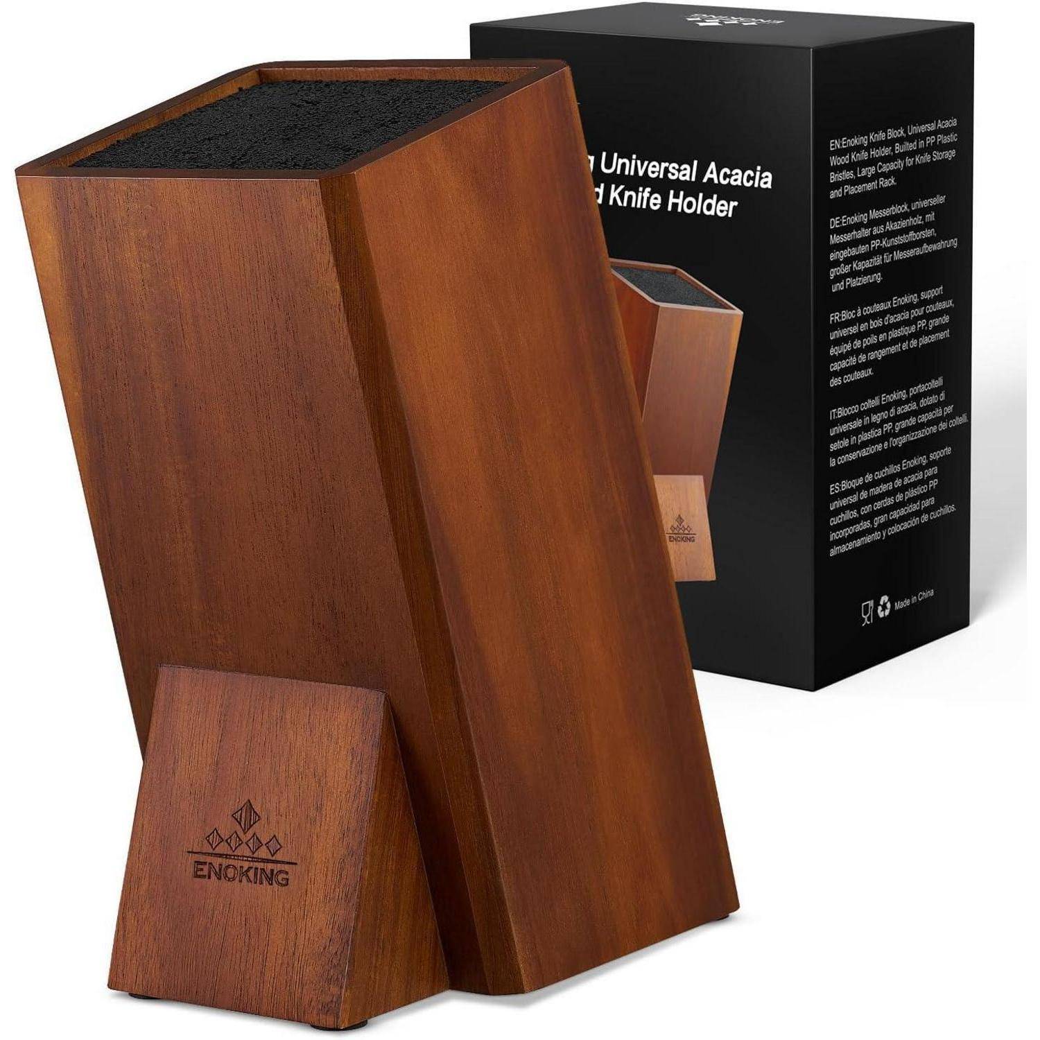 Universeller Messerhalter aus Holz, schräge Ausführung, mit 'ENOKING' Logo. Schachtel im Hintergrund zeigt Produkt und Textdetails.