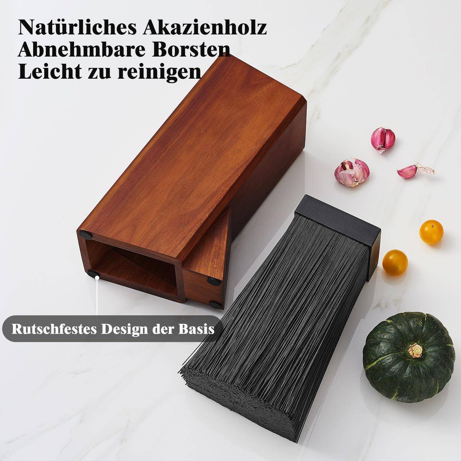 Ein Holz-Reinigungsbürstenset mit Borsten und einem Ständer, beschriftet mit deutschem Text: 'Natürliches Akazienholz, Abnehmbare Borsten, Leicht zu reinigen.