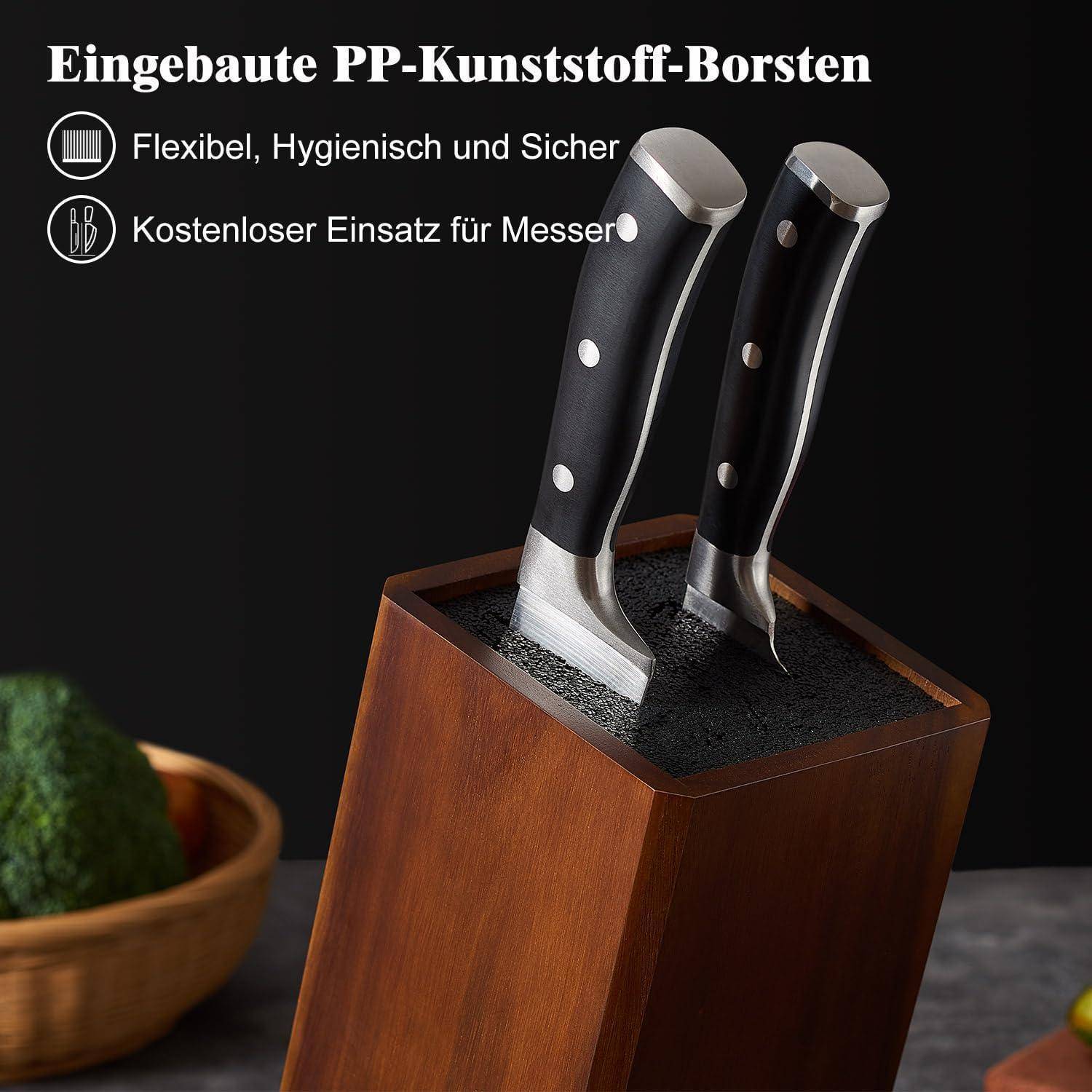 Zwei Messer in einem Holzblock, mit deutschem Text, der flexible, hygienische PP-Plastikborsten und sichere, kostenlose Messerspeicherung bewirbt.