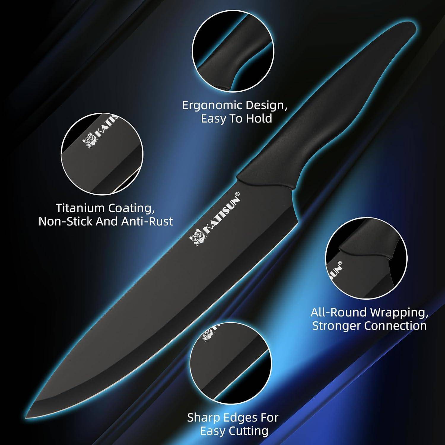 Messer mit schwarzer Klinge und Griff. Hervorgehobene Merkmale: 'Ergonomisches Design, Leicht zu Greifen', 'Titan-Beschichtung, Rutschfest und Rostbeständig', 'Rundum-Ummantelung, Stärkere Verbindung', 'Scharfe Kanten für einfaches Schneiden'.