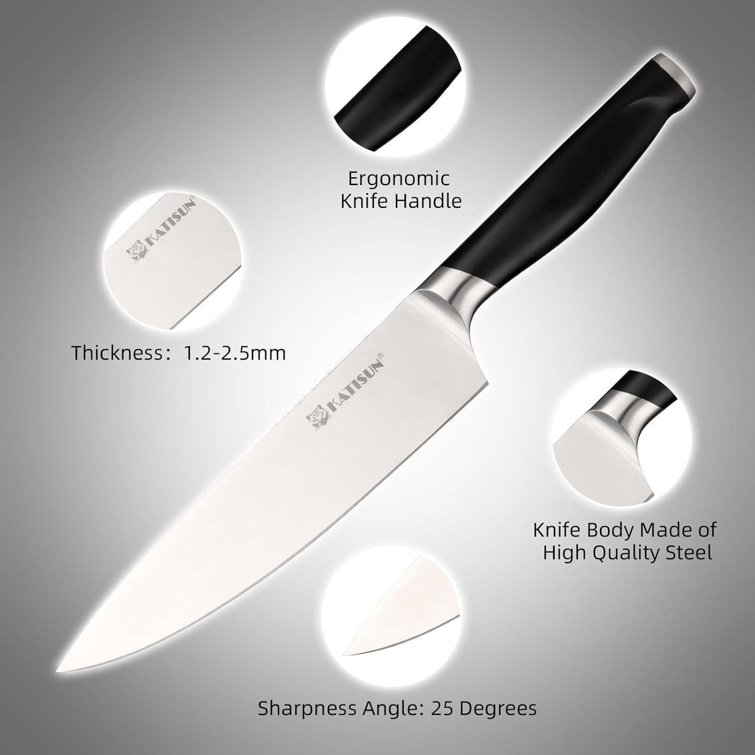 Kochmesser mit ergonomischem Griff, 1,2-2,5 mm Dicke, 25-Grad-Schärfwinkel und hochwertigem Stahlkörper.