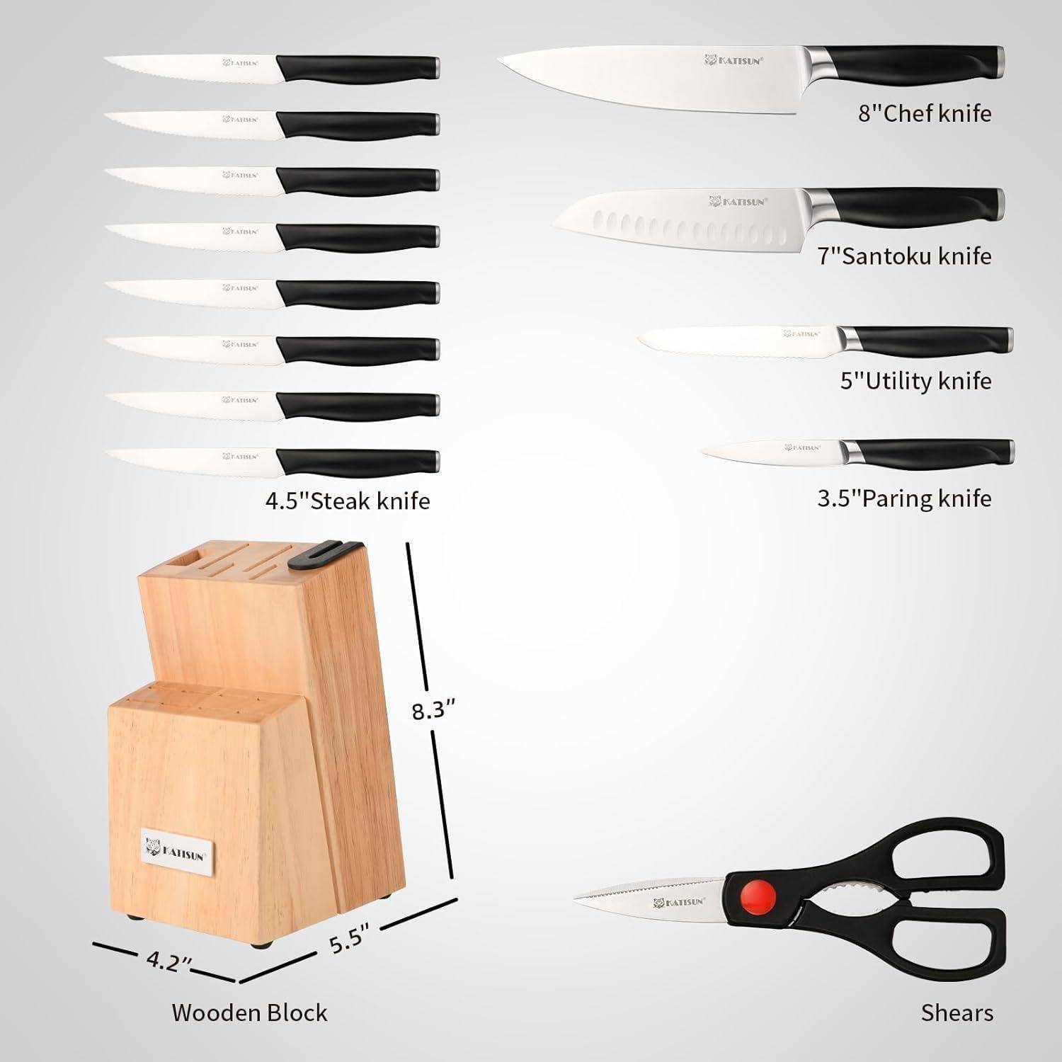 Ein komplettes KüchenMesser-Set umfasst ein Kochmesser, ein Santokumesser, Steakmesser, ein Schälmesser, ein Universalmesser, eine Schere und einen Holzblock.