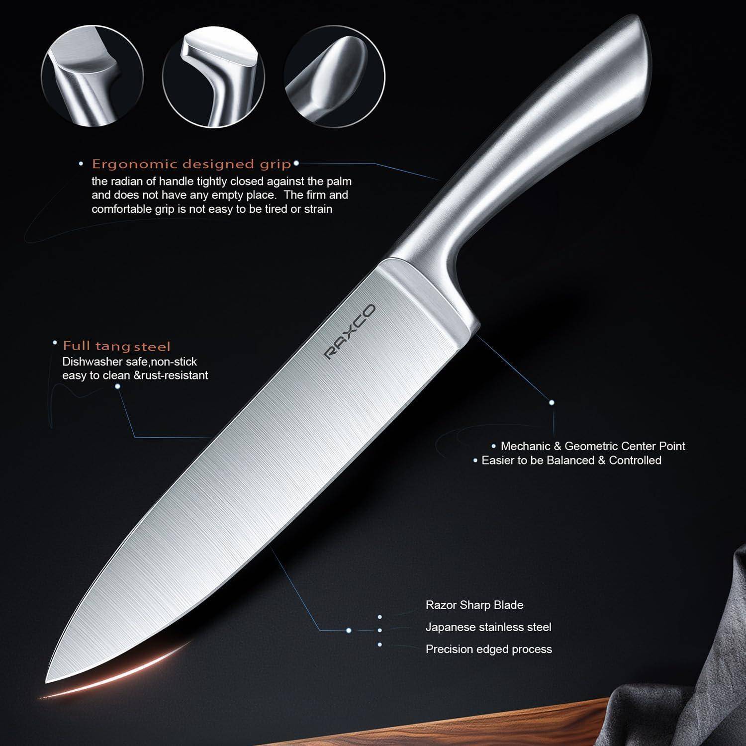Araxco Küchenmesser mit ergonomischem Griff, durchgezogenem Stahlschaft und präzise geschliffener Klinge. Beschreibung betont Komfort, Kontrolle und Langlebigkeit.