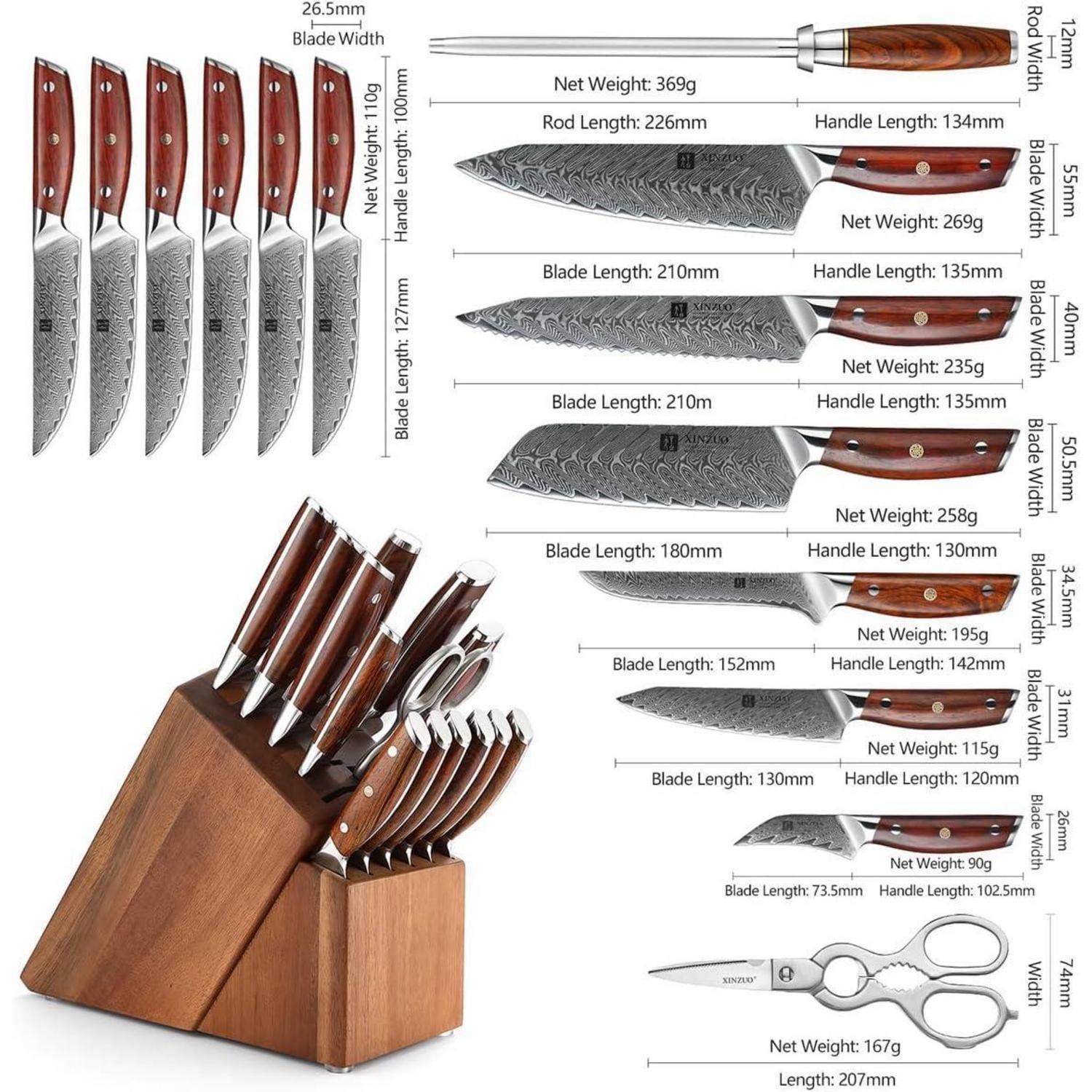 Messerset mit 13 Messern und einer Schere. Jede Klinge zeigt Spezifikationen wie Länge, Gewicht und Grifflänge.Inklusive Messerblock aus Holz.