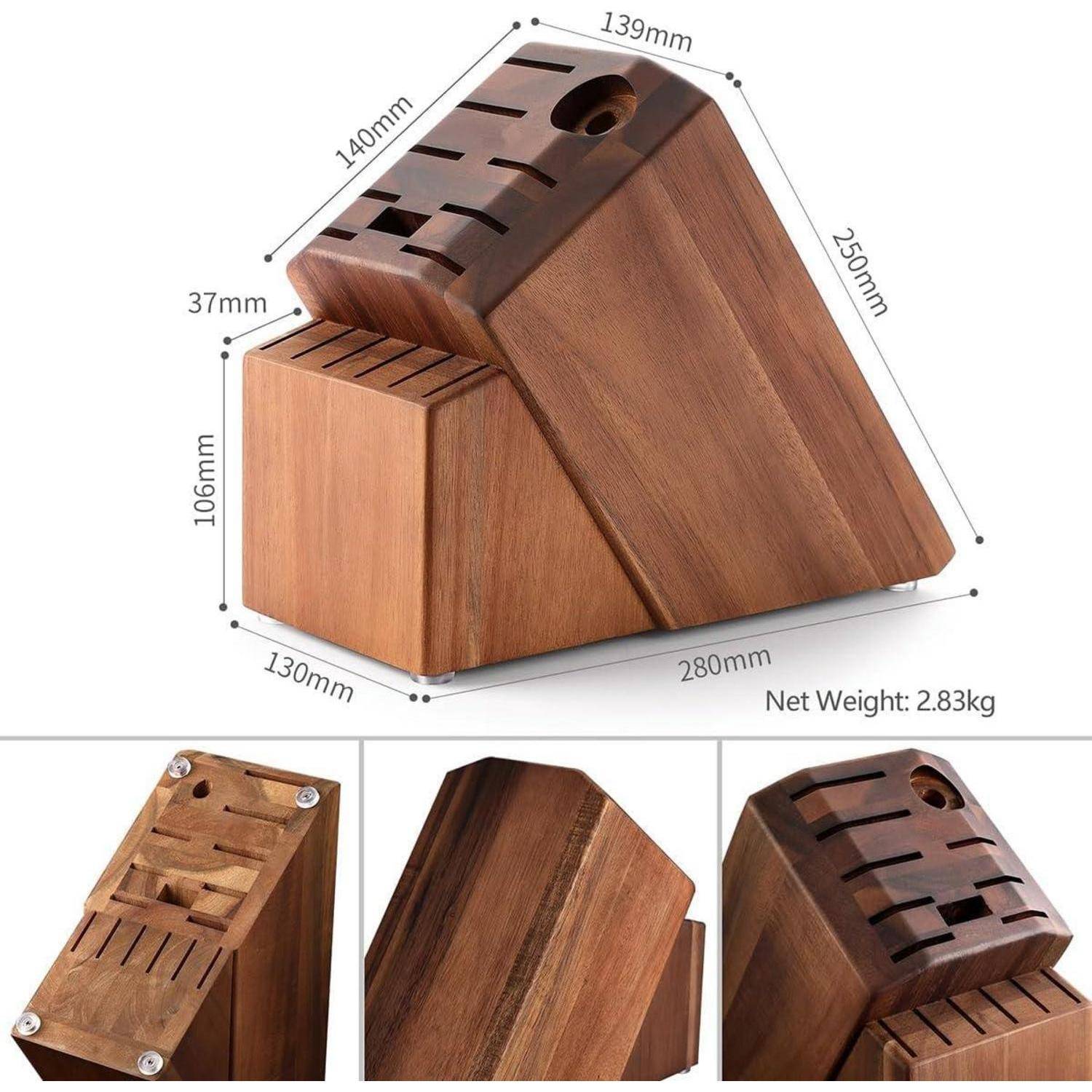 Messerblock aus Holz mit Schlitzen für Messer, Abmessungen: 280mm Länge, 139mm Breite, 250mm Höhe. Nettogewicht: 2,83 kg.