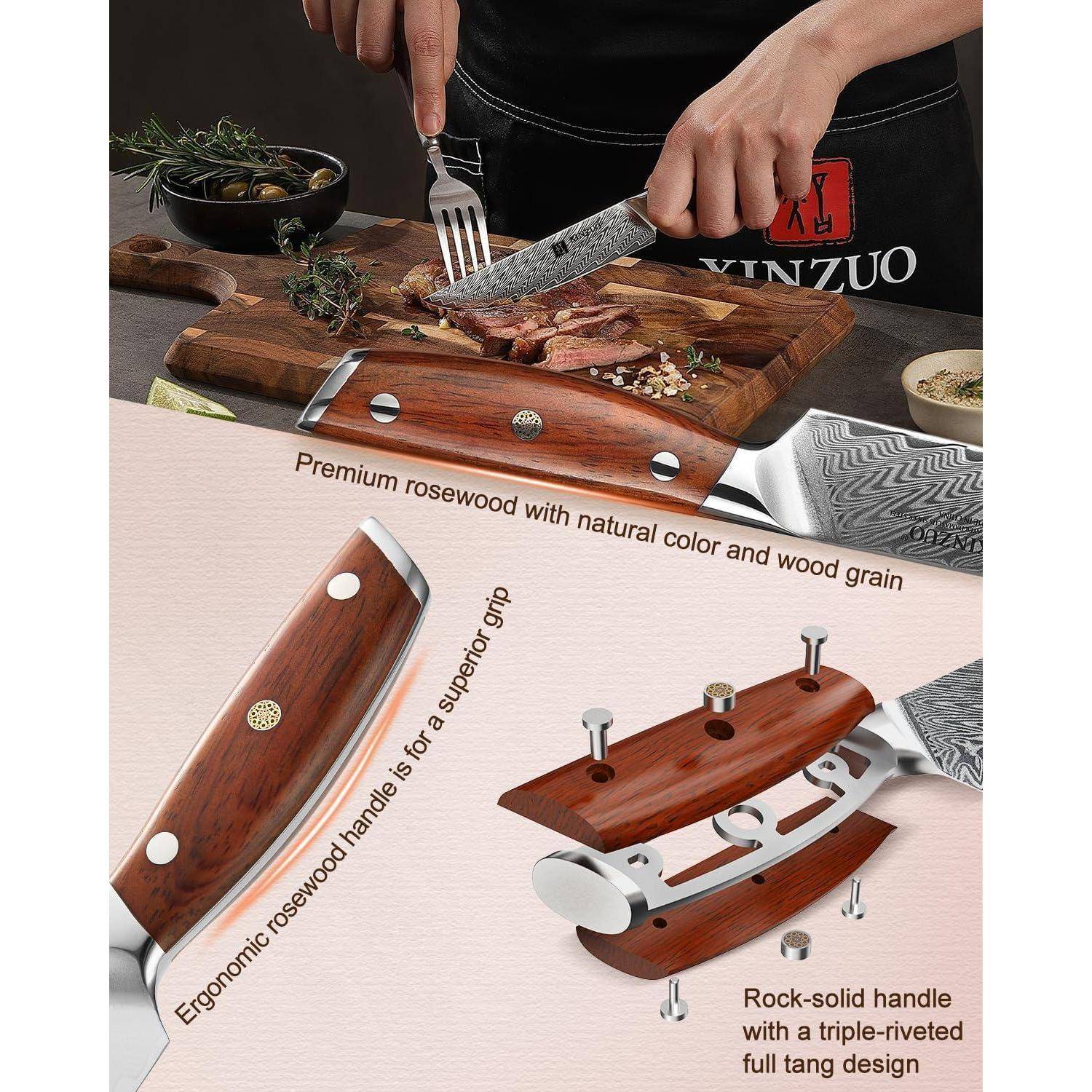 Eine Person schneidet Steak auf einem Holzbrett mit einem Messer. Einschub: Messerdetails mit Beschriftungen „Premium-Rosenholz