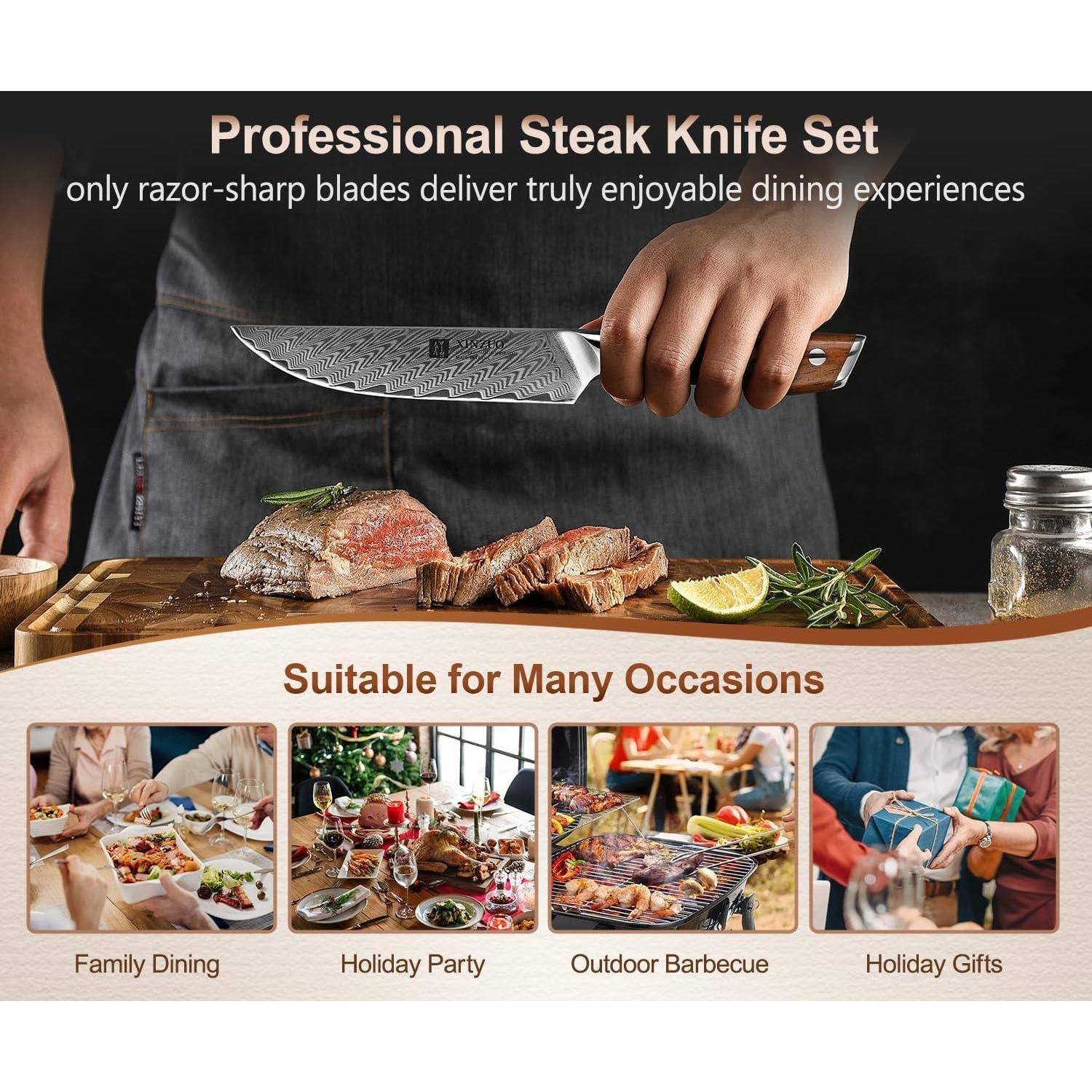Professionelles Steakmesser-Set mit Bildmotiv des Steakschneidens. Text besagt, dass es sich für Familienessen, Feiertagspartys, Grillabende und als Geschenk eignet.