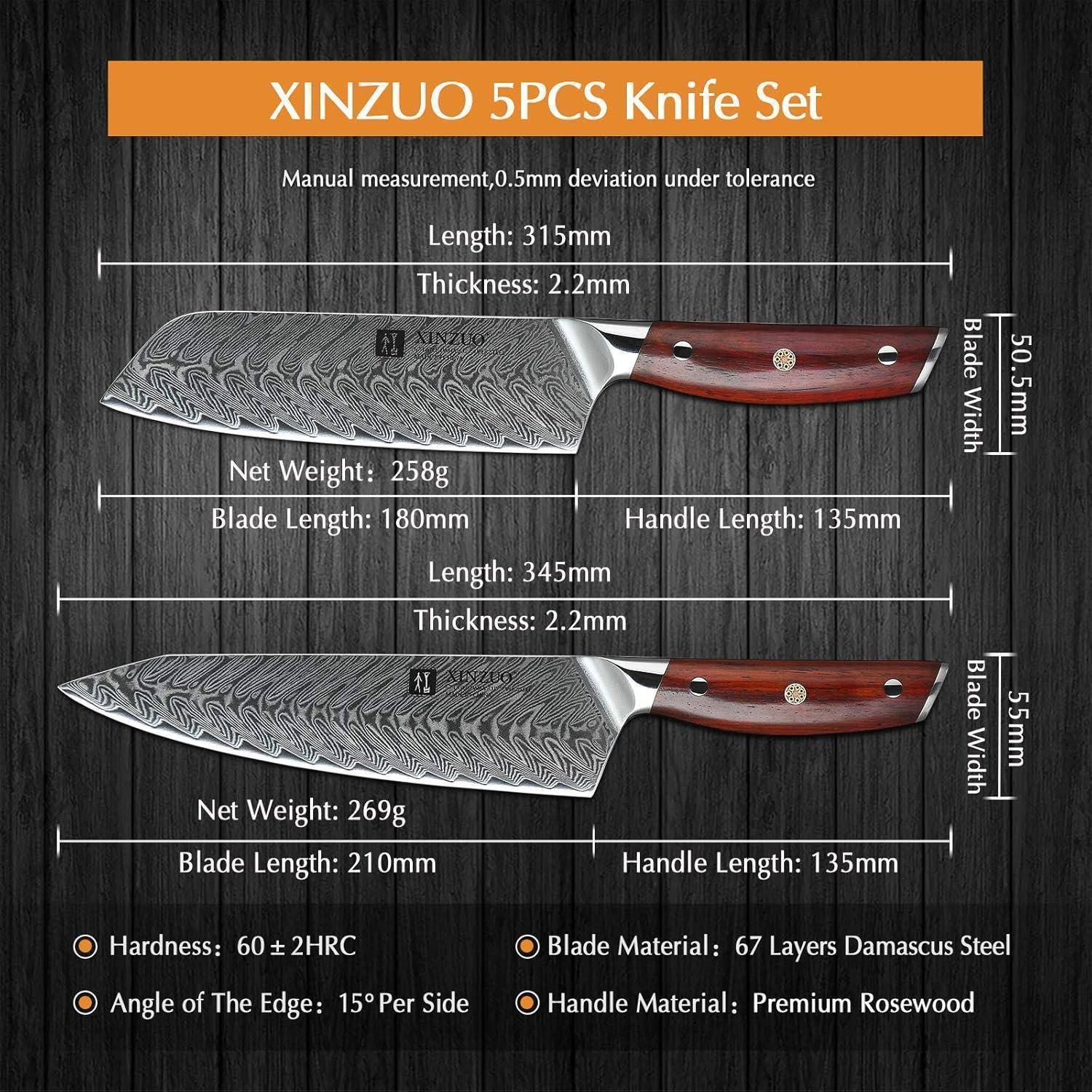 XINZUO 5-teiliges Messerset.' Merkmale umfassen 67-lagigen Damaszener-Stahl, hochwertigen Rosenholzgriff. Klingenlängen: 180mm, 345mm. Härte: 60±2HRC.