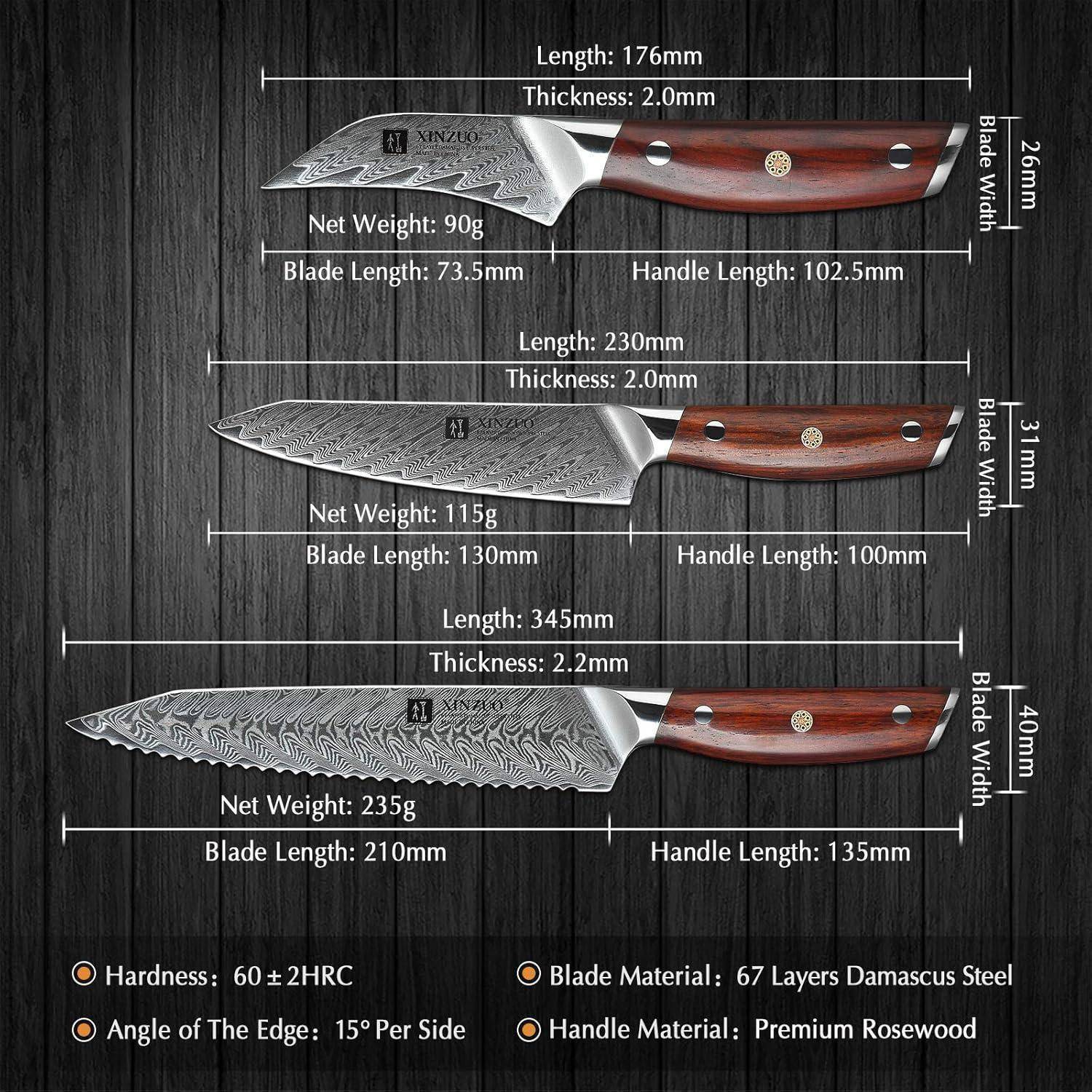 Bild von drei Messern mit Spezifikationen: Längen, Dicken, Gewichte. Details zu Griff und Klinge werden gezeigt, die Design und Materialien veranschaulichen.
