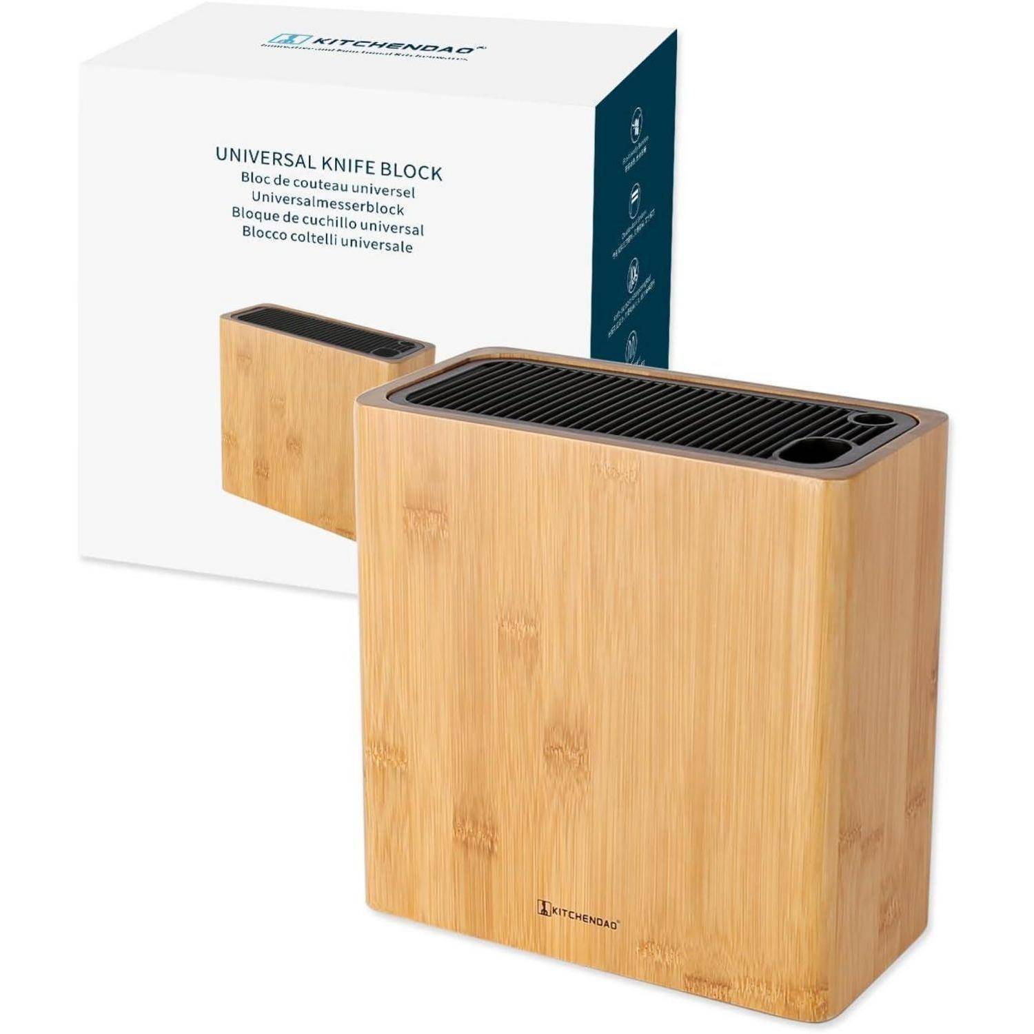 Universeller Messerblock aus Bambus, für die Küche entwickelt. Verpackung im Karton zeigt Produktnamen und mehrsprachige Beschreibung.