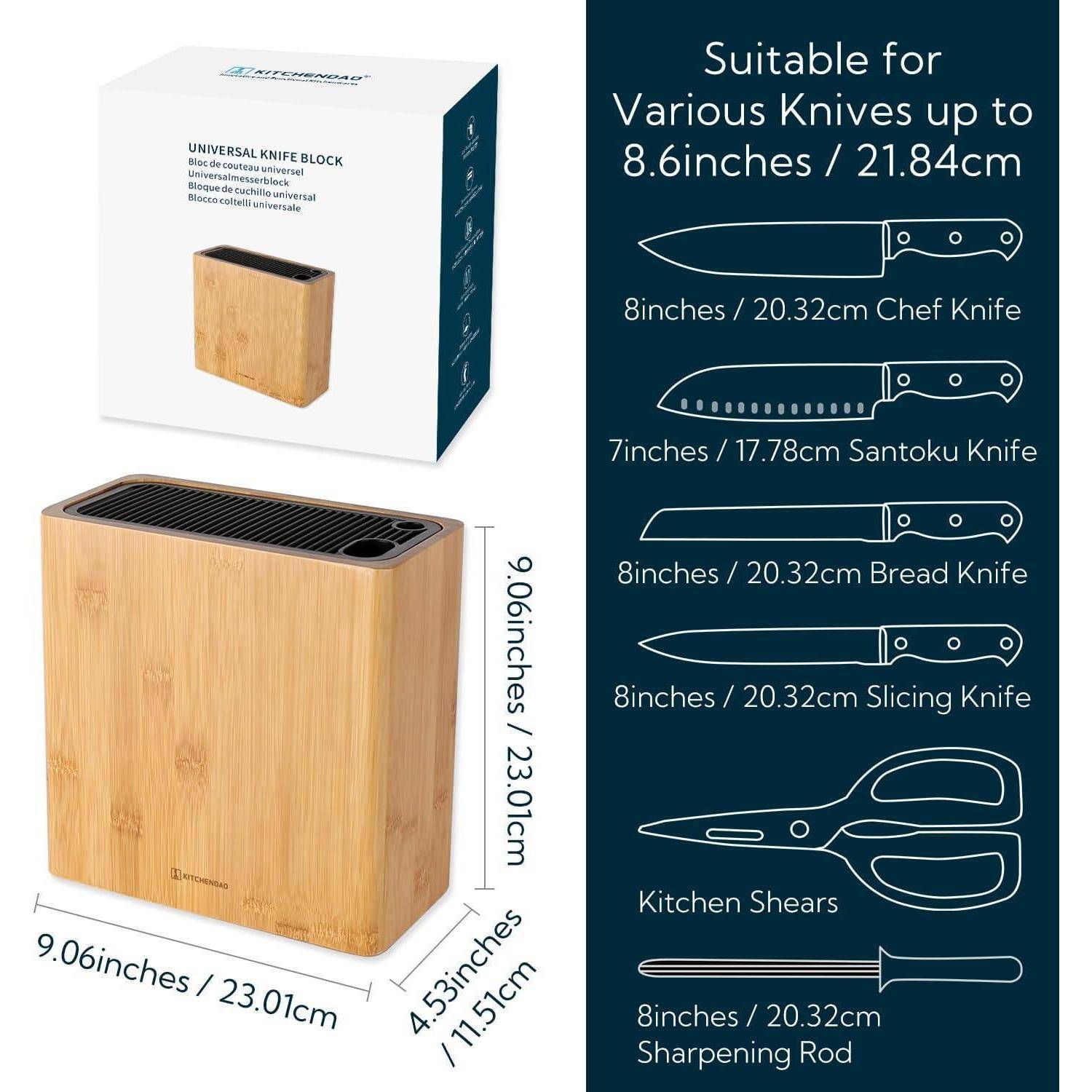 Universeller Messerblock aus Bambus, der verschiedene Messer bis zu 22 cm Länge aufnehmen kann. Inklusive Fächer für Koch-, Santoku-, Brot-, Tranchiermesser, Küchenschere und Wetzstab.