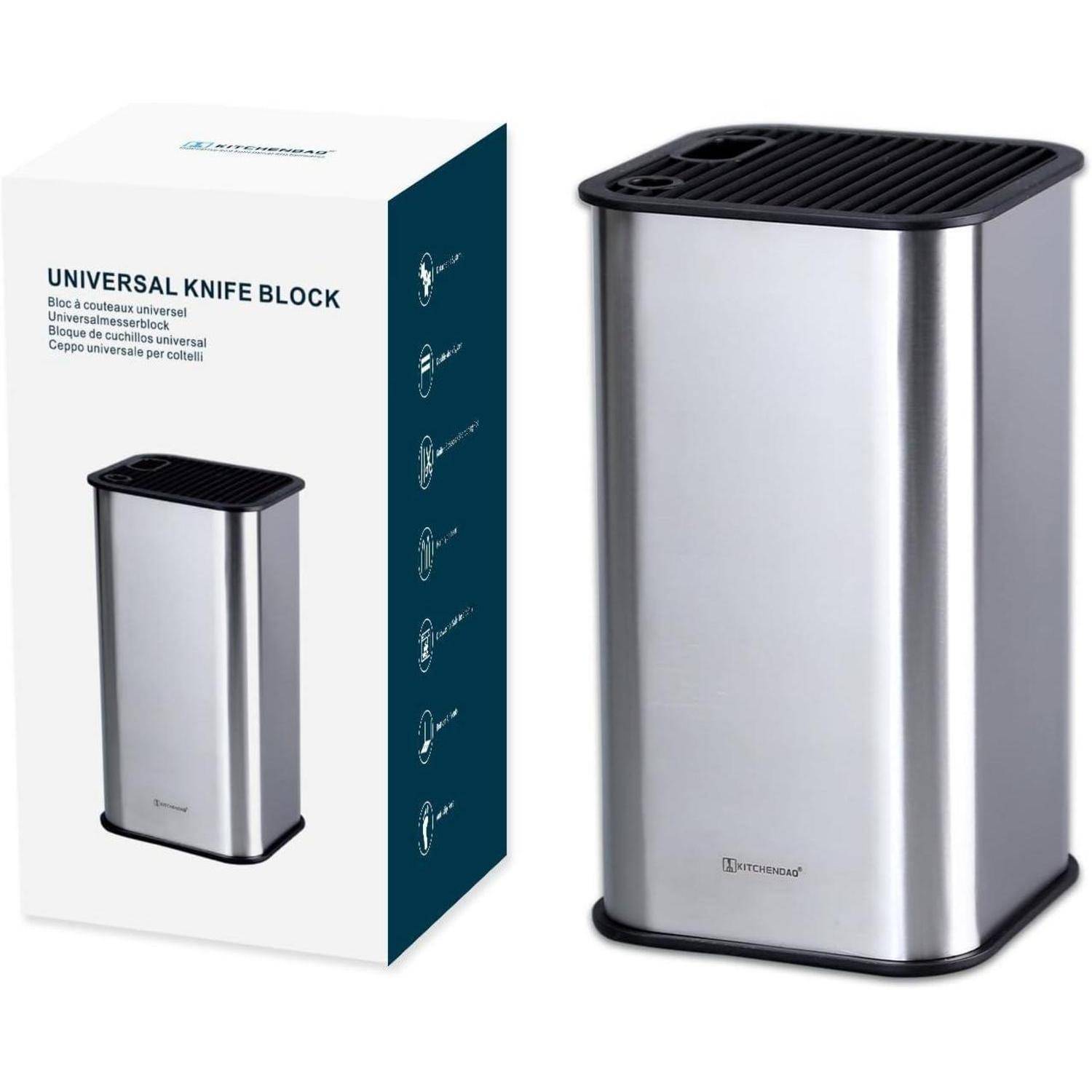 Universeller Messerblock mit Edelstahl-Finish, der neben seiner Verpackung platziert ist. Geeignet zum sicheren Aufbewahren verschiedener Küchenmesser.