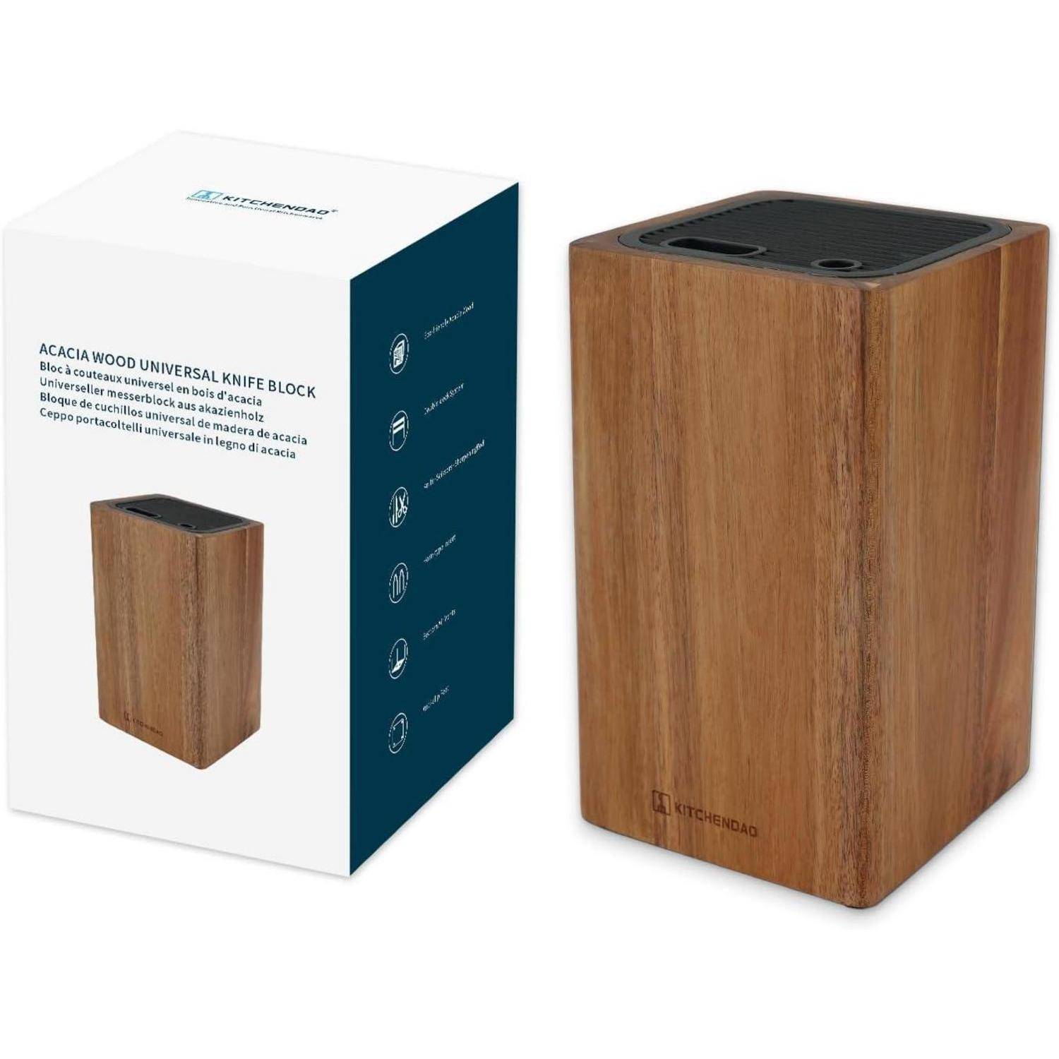Das Bild zeigt einen universellen Messerblock aus Akazienholz zusammen mit seiner Verpackungsschachtel. Die Schachtel enthält Produktdetails und das Markenlogo.