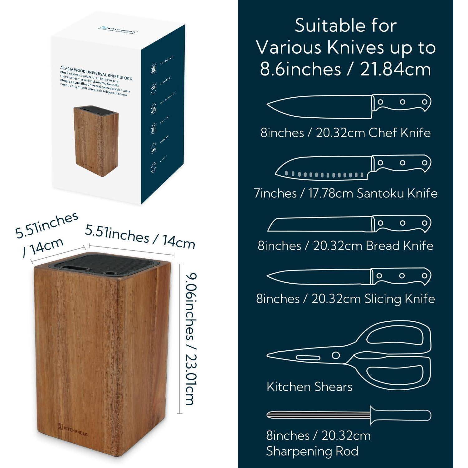 Universeller Messerblock, geeignet für Messer bis zu 21,84 cm, mit Fächern für Koch-, Santoku-, Brot-, Tranchiermesser, Küchenschere und Wetzstab. Blockabmessungen: 5,5 x 5,5 x 9,06 Zoll.