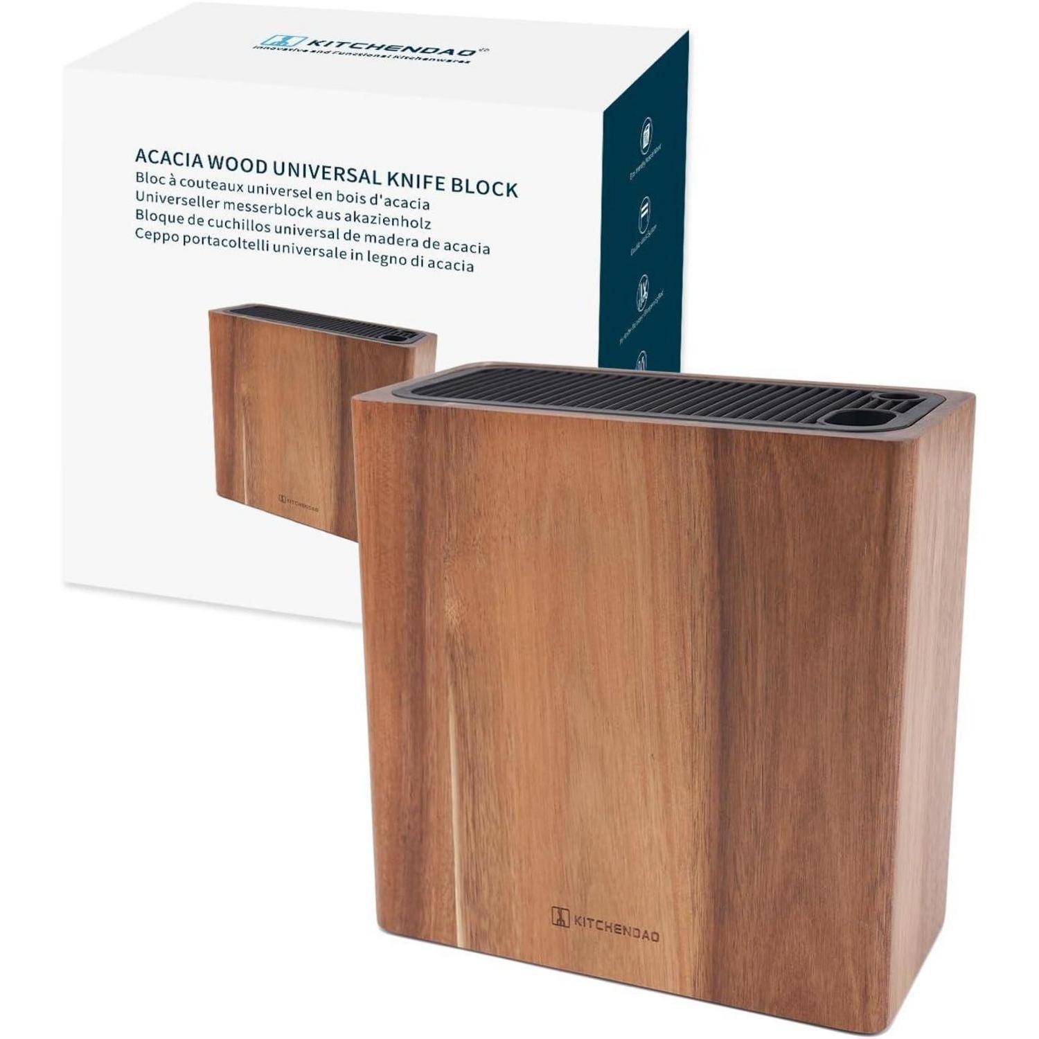 Universeller Messerblock aus Akazienholz, Verpackung und Messerblock mit Holzmaserung und mehreren Messereinschüben beschriftet.
