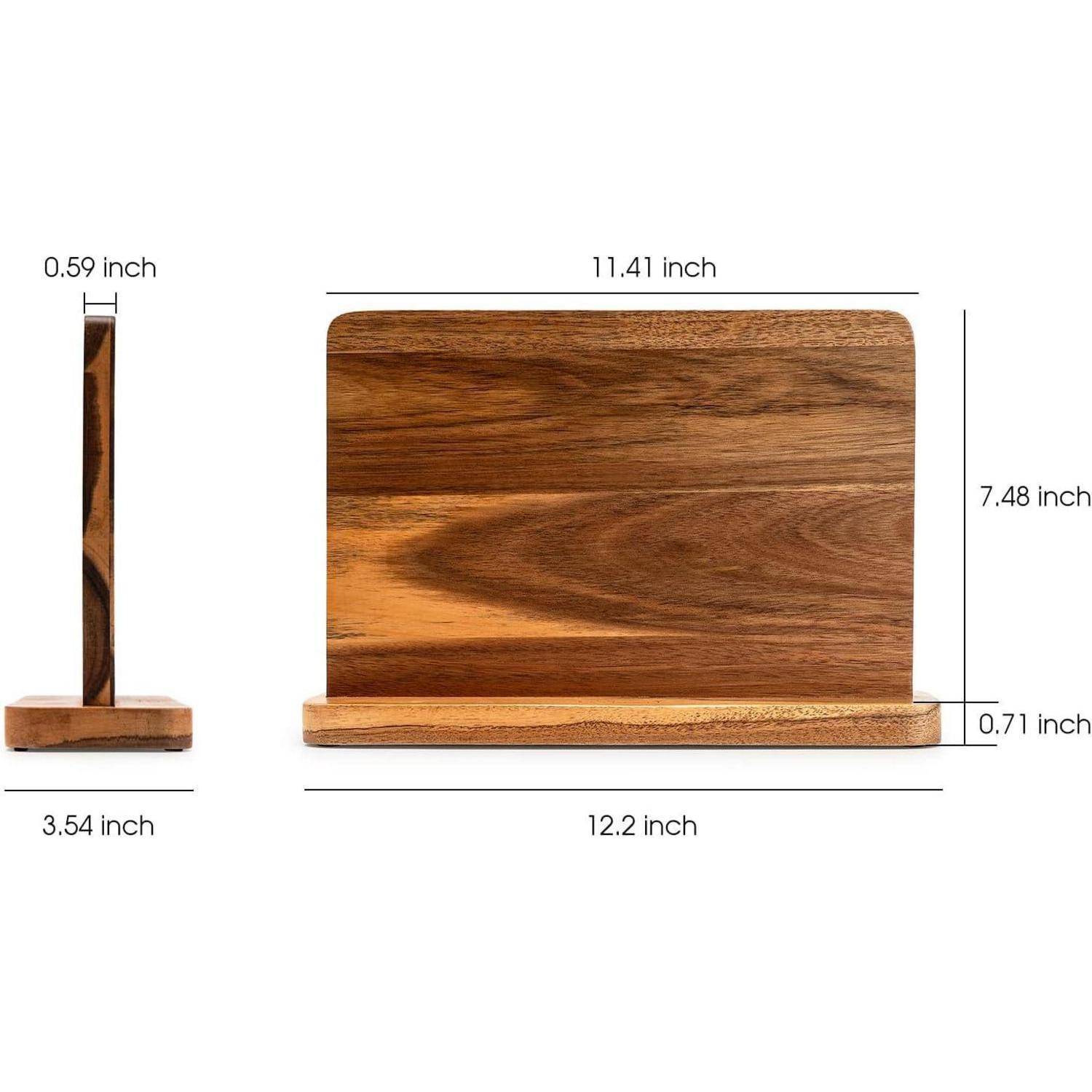 Holz-Buchstützen mit präzisen Abmessungen: linke Seite 0,59 x 3,54 Zoll; rechte Seite 11,41 x 7,48 Zoll, 0,71-Zoll-Basis.