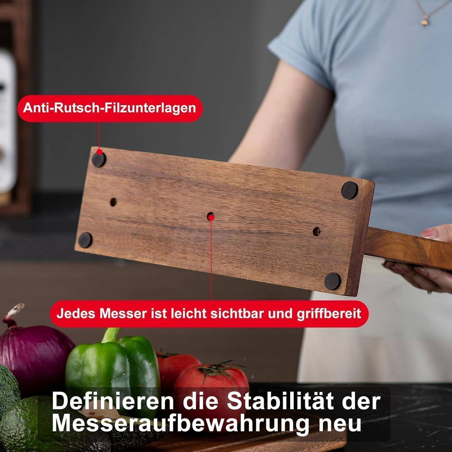 Eine Person hält einen Holzmesserblock mit sichtbaren Schlitzen und rutschfesten Filzunterlagen. Text lautet: 'Anti-Rutsch-Filzunterlagen'.