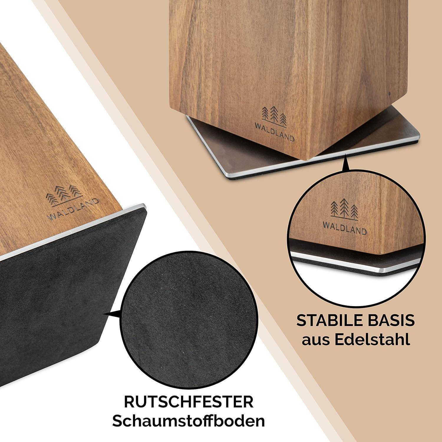 Holzblock mit Stahlbasis, beschriftet mit 'Waldland', der ein stabiles, rutschfestes Design betont. Zwei Detailaufnahmen zeigen den Text 'Rutschfester Schaumstoffboden' und 'Stabile Basis aus Edelstahl'.