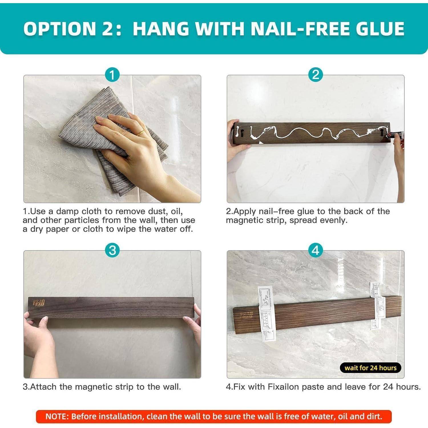 Option 2: Befestigen mit nagelfreiem Kleber umfasst vier Schritte zur Anbringung eines Magnetstreifens: Wand reinigen, Kleber auftragen, Streifen anbringen, mit Paste fixieren, trocknen lassen.