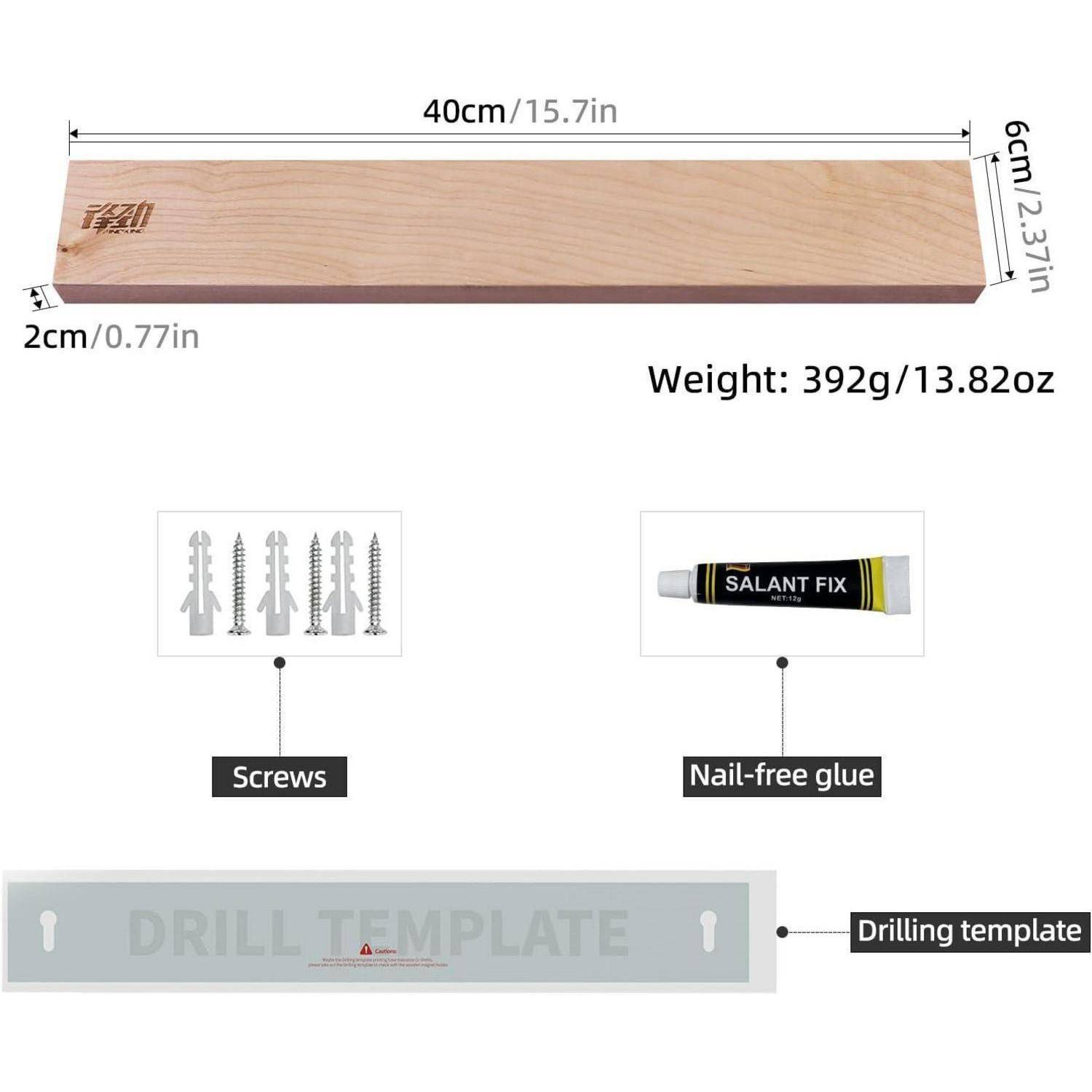 Holzregalbrett Maße: 40cm x 6cm x 2cm.Inklusive Schrauben, lösungsmittelfreier Kleber und Bohrschablone. Gewicht: 392g.