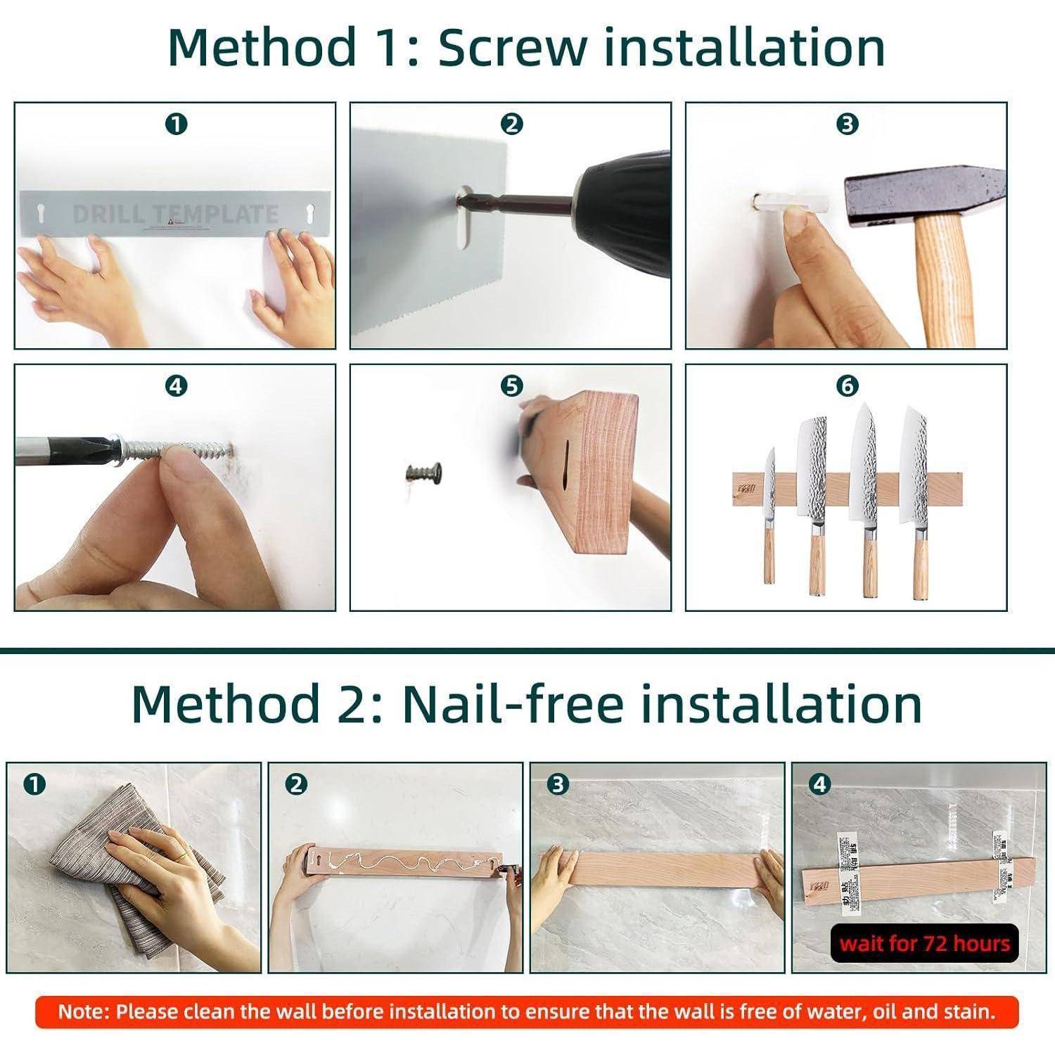 Installationsanleitung für eine Messer-Wandhalterung. Methode 1: Schraubenmontage mit Schrauben und Bohrmaschine. Methode 2: Nagelfreie Installation mit Klebstoff. Vor der Verwendung 72 Stunden warten.