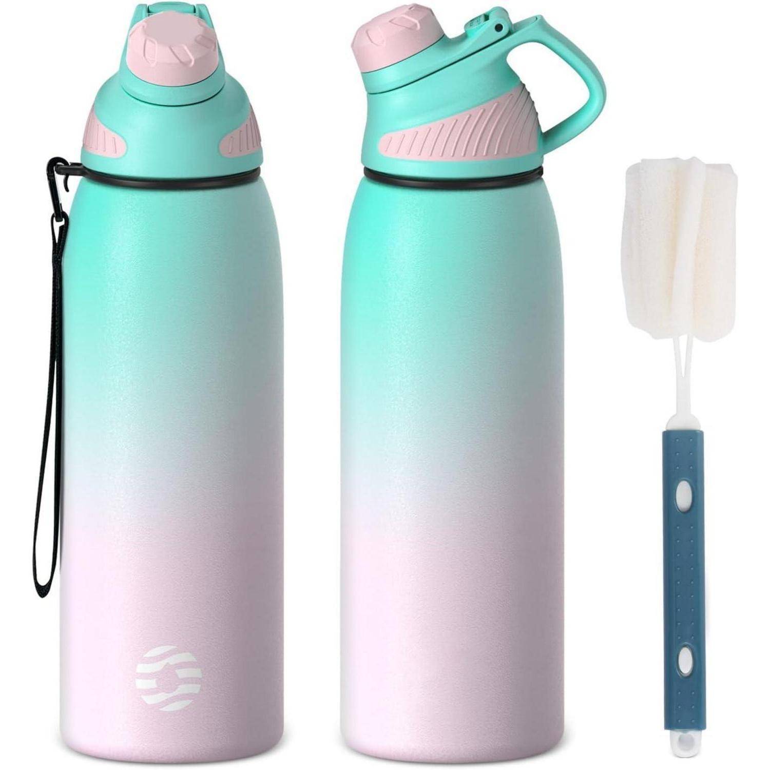 Trinkflasche Edelstahl Magnetdeckel BPAfrei Thermo 1L Grün&rosa 600 ml