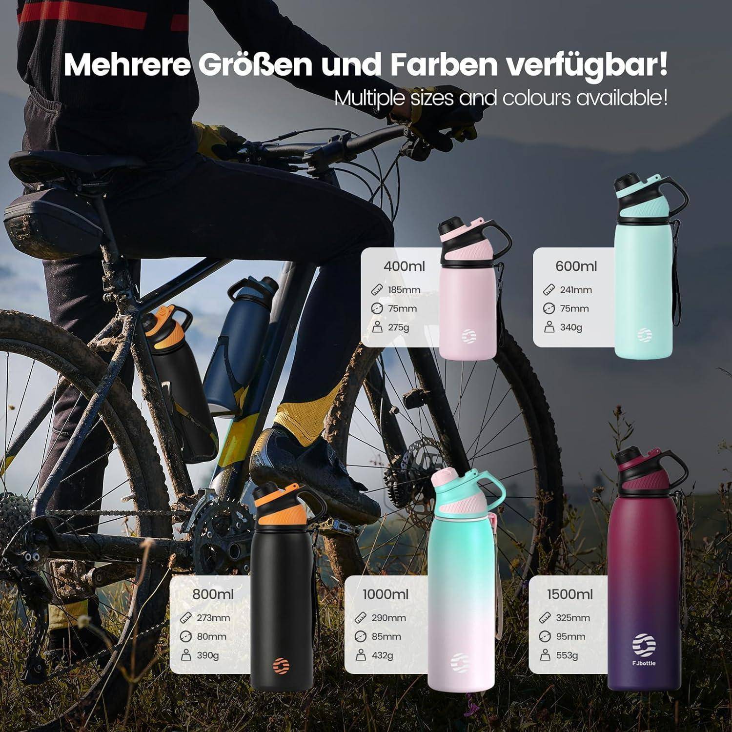 Radfahrer mit Fahrrad ist von verschiedenen Flaschengrößen und -farben umgeben, mit Dimensionen: 400 ml bis 1500 ml und aufgelisteten Gewichten.