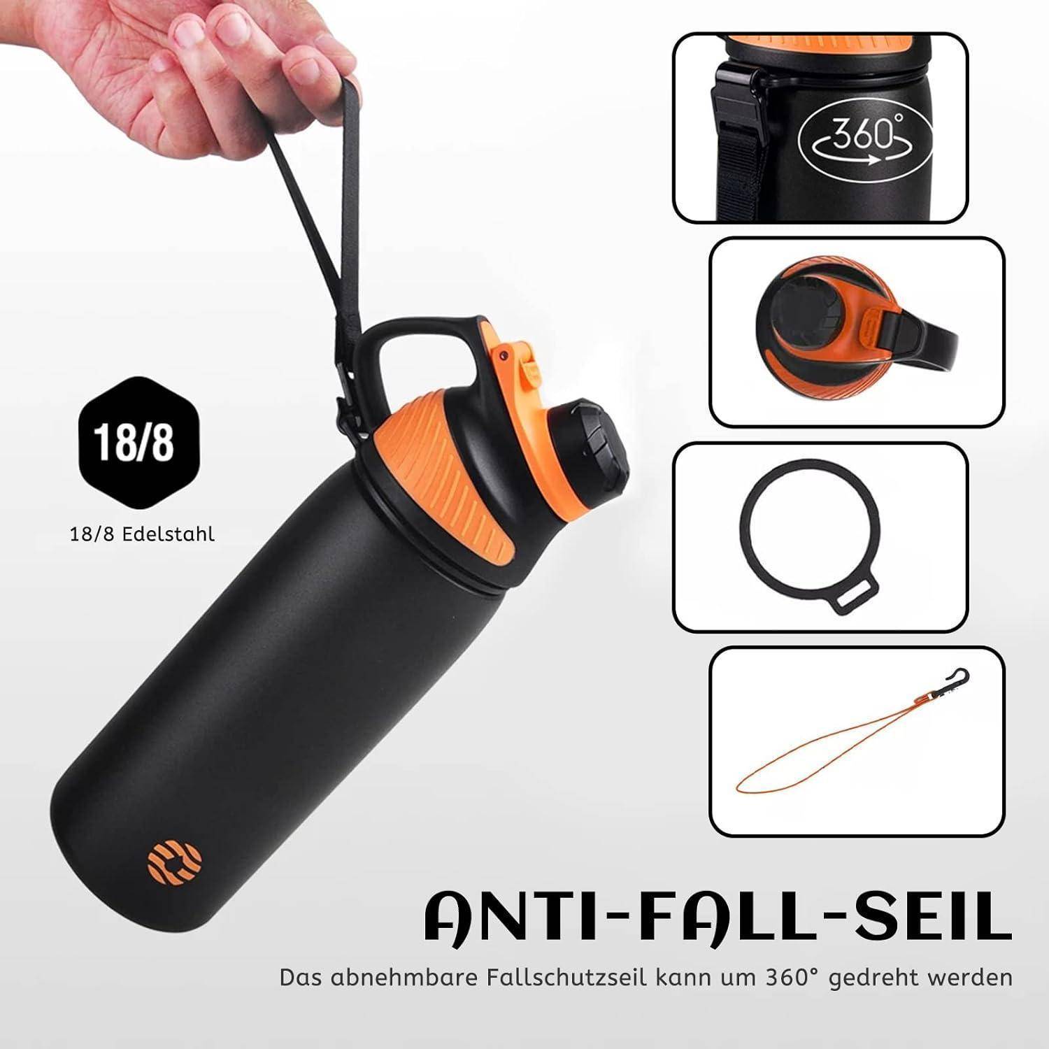 Eine Hand, die eine schwarze und orangefarbene Flasche mit einem abnehmbaren Gurt hält. Eingesetzte Bilder zeigen den 360-Grad-Drehverschluss und das Edelstahlmaterial.