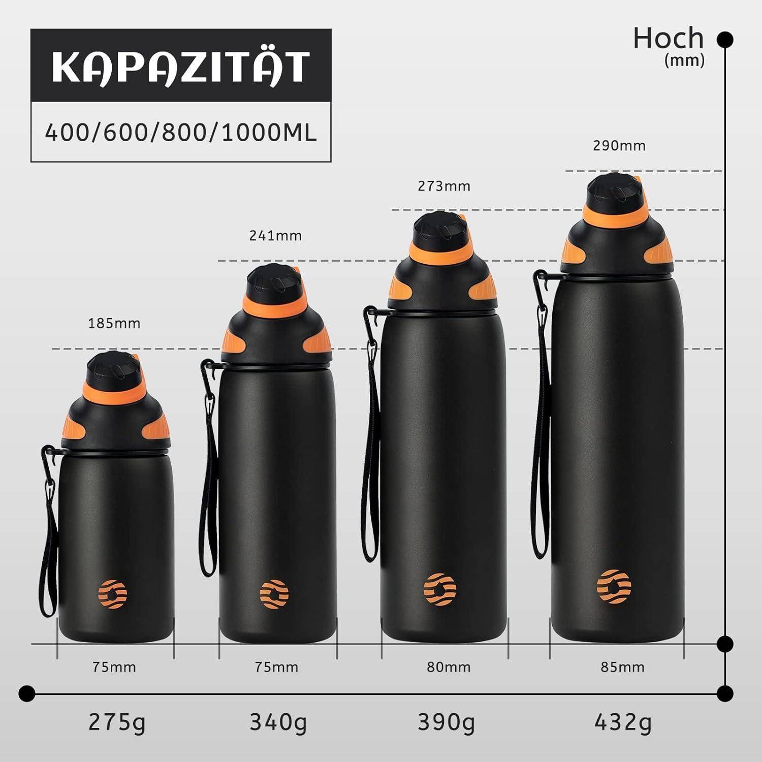 Trinkflasche Edelstahl Magnetdeckel BPAfrei Schwarz 400 ml