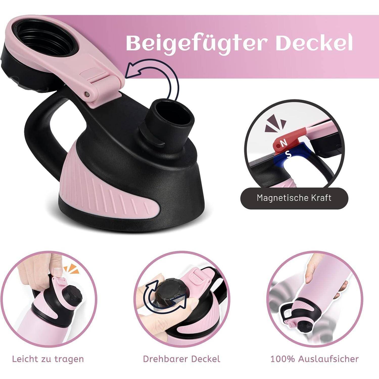 Schwarzer und pinker Wasserflaschenverschluss mit magnetischem Klappdeckel hervorgehoben. Kreise darunter zeigen Funktionen: einfaches Tragen, drehbarer Deckel, auslaufsichere Konstruktion.