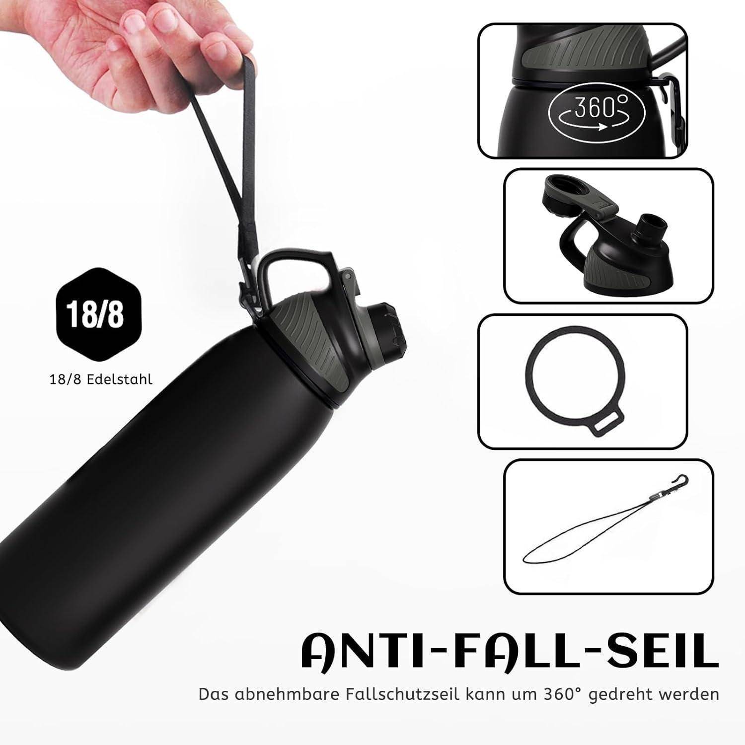 Eine schwarze Wasserflasche mit Deckel und Trageriemen, beschriftet mit '18/8 Edelstahl' und 'ANTI-FALL-SEIL'. Mit einem um 360 Grad drehbaren Ring.