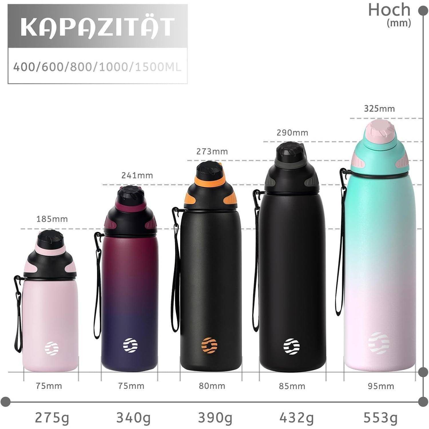 Fünf isolierte Wasserflaschen in verschiedenen Höhen (185mm bis 325mm) und Gewichten (275g bis 553g) mit Fassungsvermögen von 400 ml bis 1500 ml.