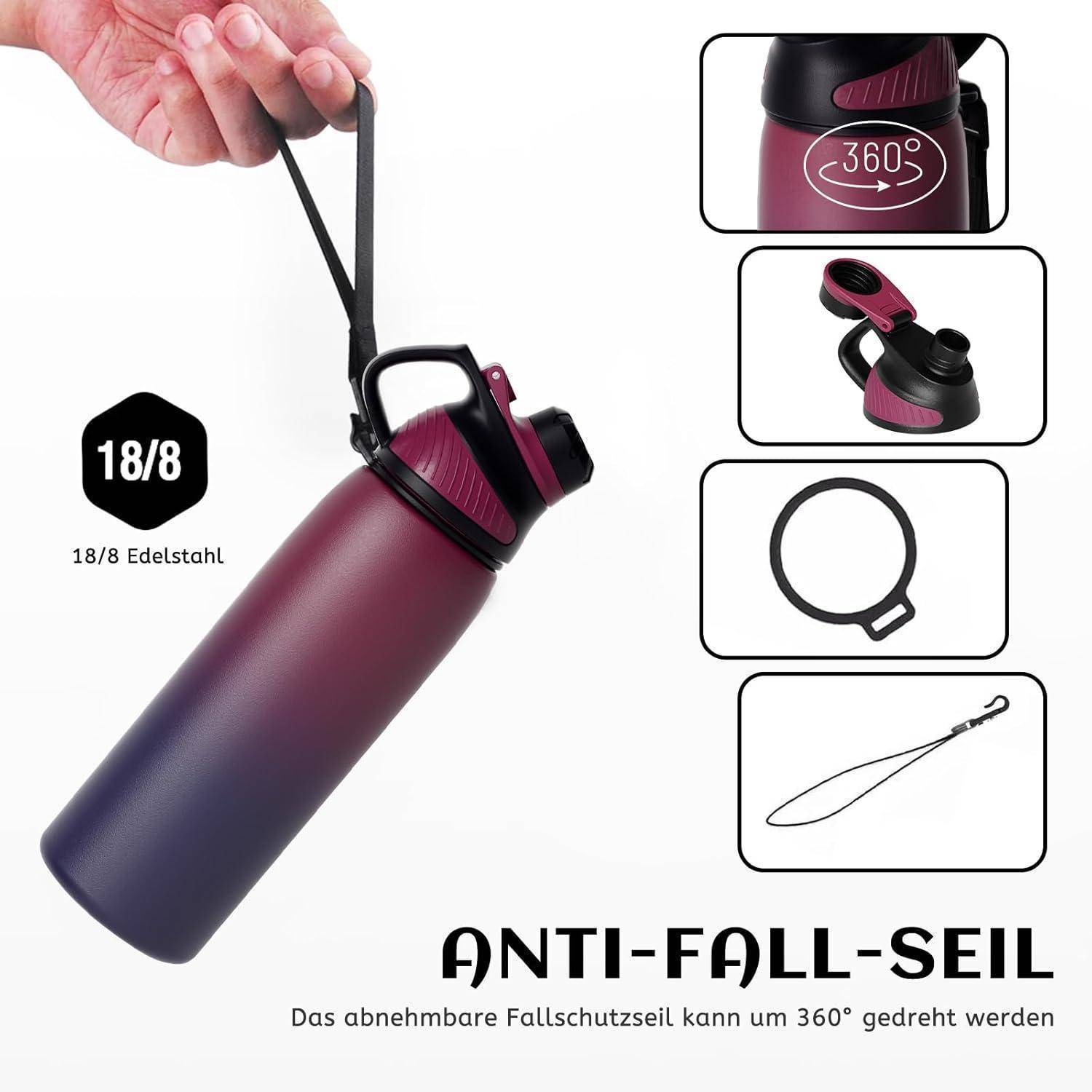 Gradient-Wasserflasche mit Griff und Sturz-Schutzriemen, mit 360-Grad-Drehung. Text: '18/8 Edelstahl' und 'ANTI-FALL-SEIL'.