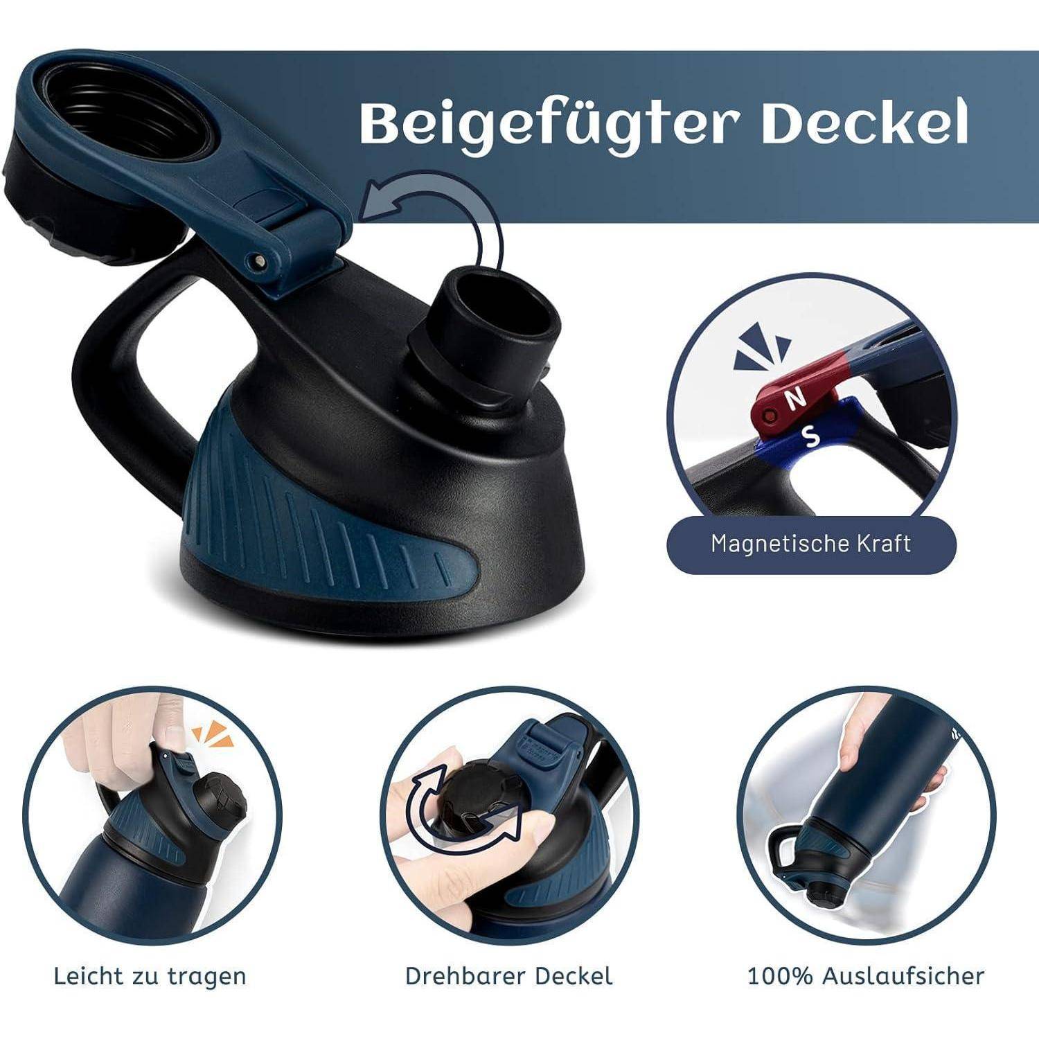 Eine Wasserflasche mit magnetischem Deckel, ergonomischem Griff und auslaufsicherer Konstruktion. Einschübe zeigen Verwendung: Tragen, Drehen und keine Lecks.
