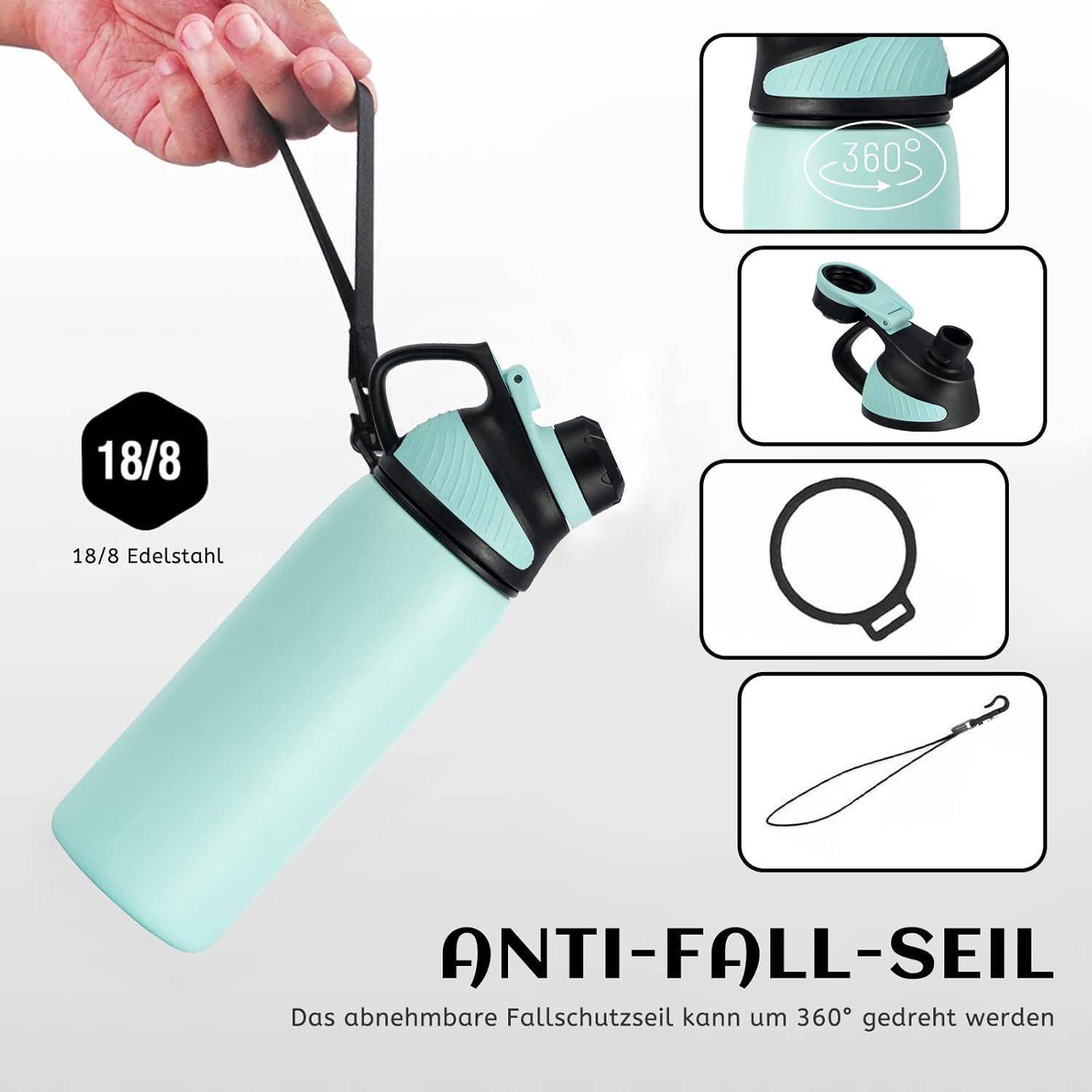 Eine Hand hält eine türkisfarbene Wasserflasche mit einem schwarzen Anti-Sturz-Riemen. Einblendungen zeigen die Befestigung und Drehfunktionen des Riemens. Text lautet 'ANTI-STURZ-SEIL'.