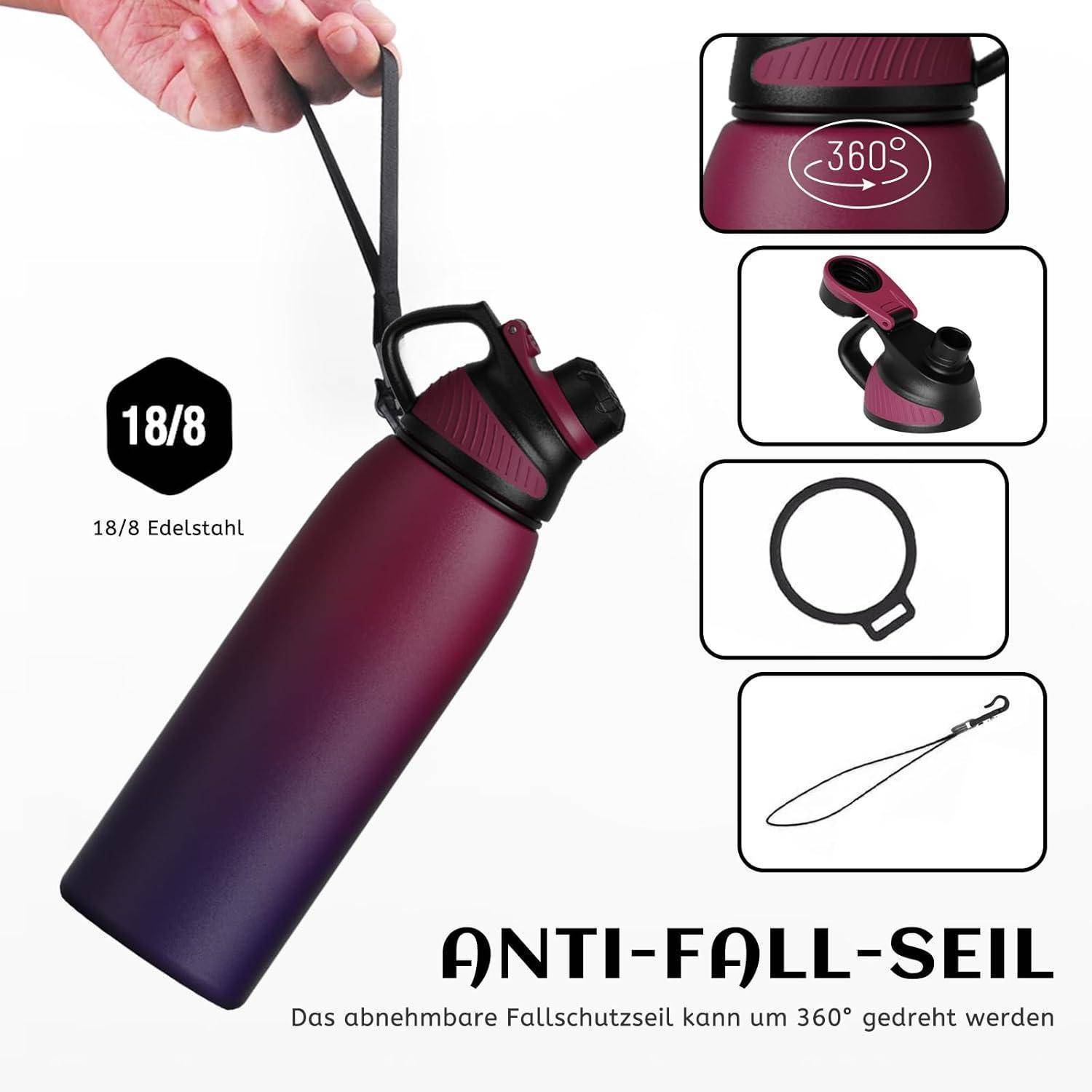 Trinkflasche Edelstahl Magnetdeckel BPA Frei Rot lila 1000 ml