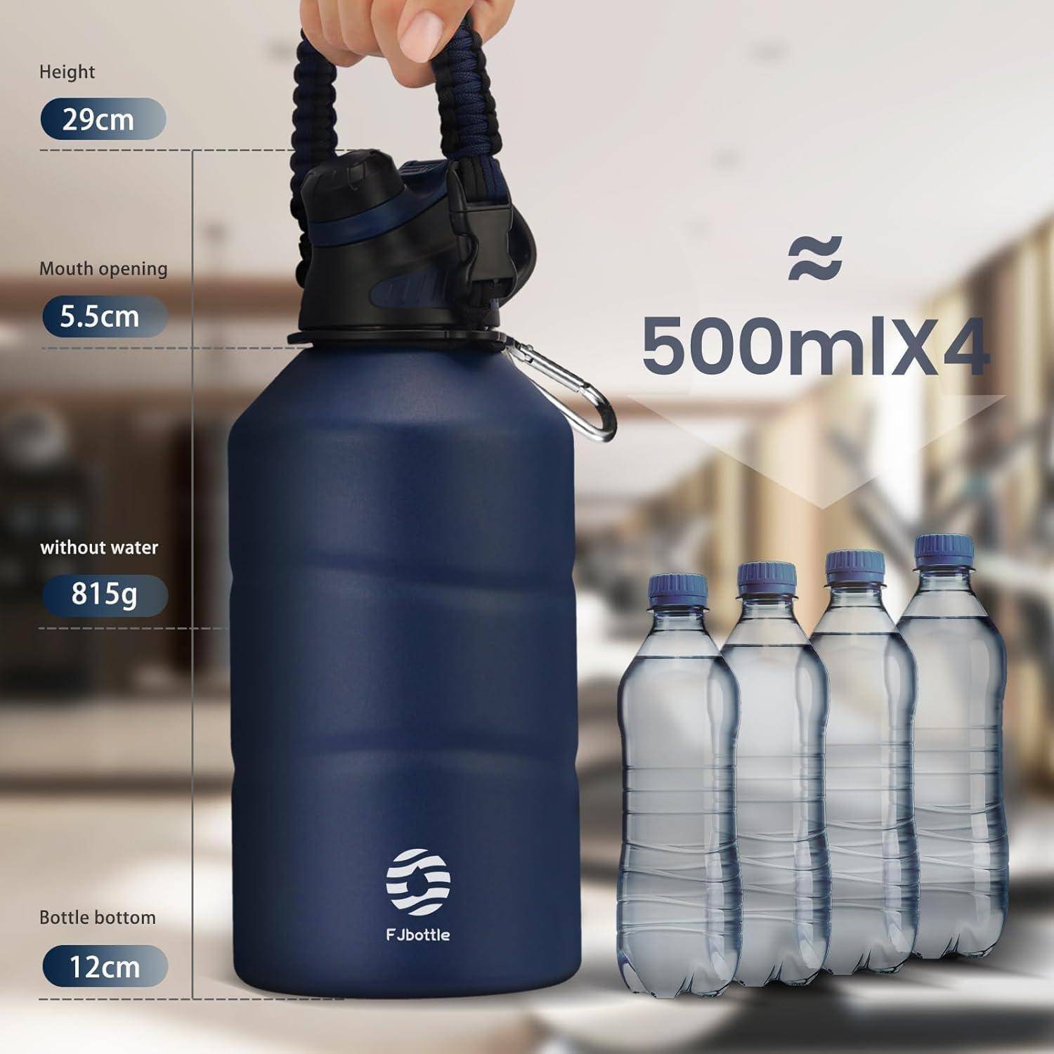 Fjbottle' Wasserflasche fasst ca. 2000ml, was 4 Flaschen à 500ml entspricht. Eigenschaften: Höhe 29cm, Bodendurchmesser 12cm, Öffnungsdurchmesser 5,5cm, Gewicht 815g.