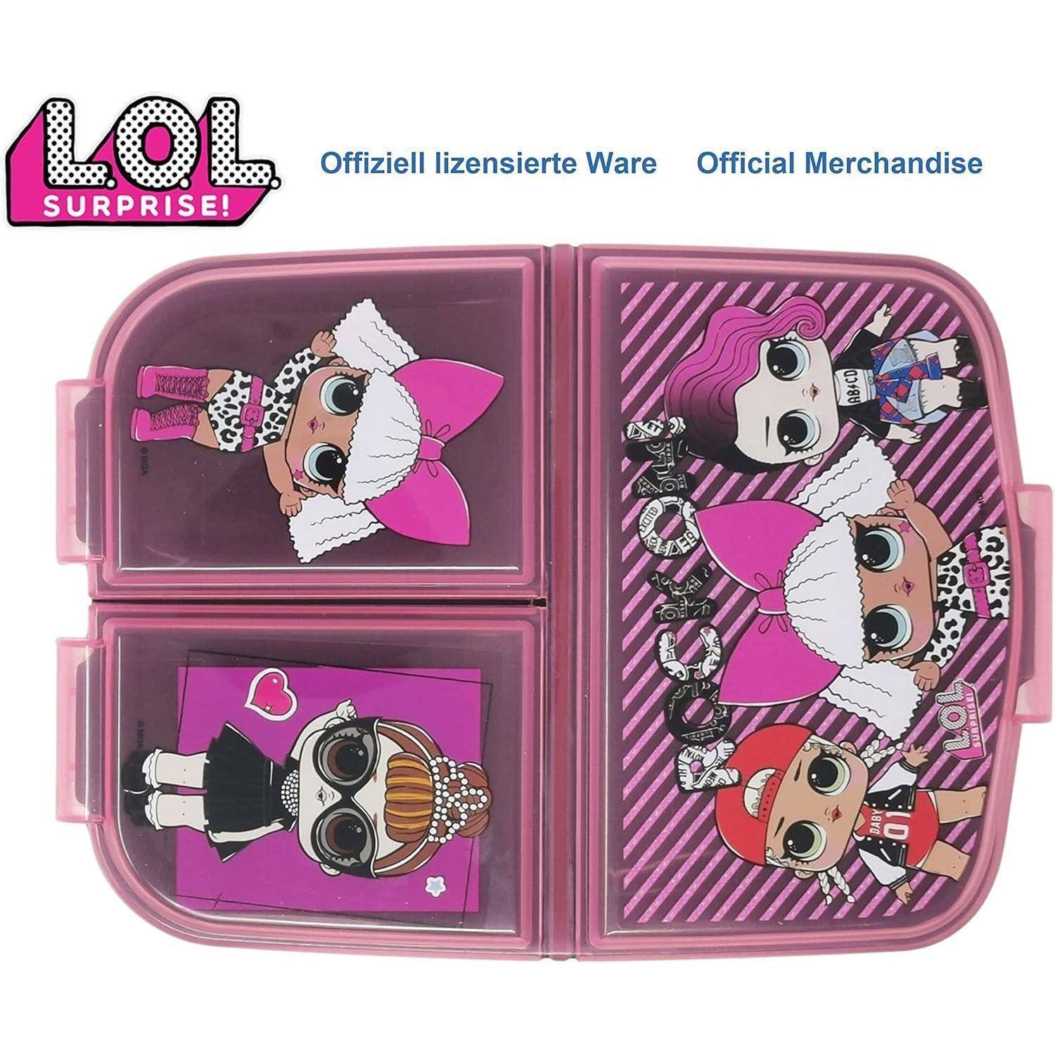 Eine rosa Aufbewahrungsbox mit dem 'LOL Surprise!' Logo, die Cartoon-Puppen mit verschiedenen Frisuren und Outfits zeigt. Text besagt 'Offizielles Merchandise'.