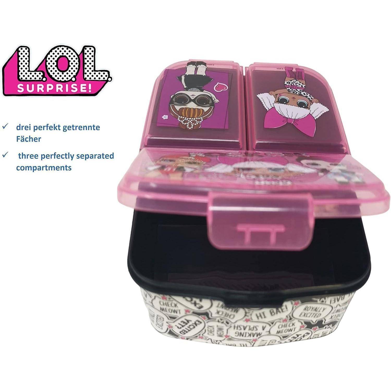 Eine rosa 'LOL Surprise!'-Brotdose mit drei separaten Fächern ist geöffnet zu sehen. Der Deckel zeigt Cartoon-Charaktere.