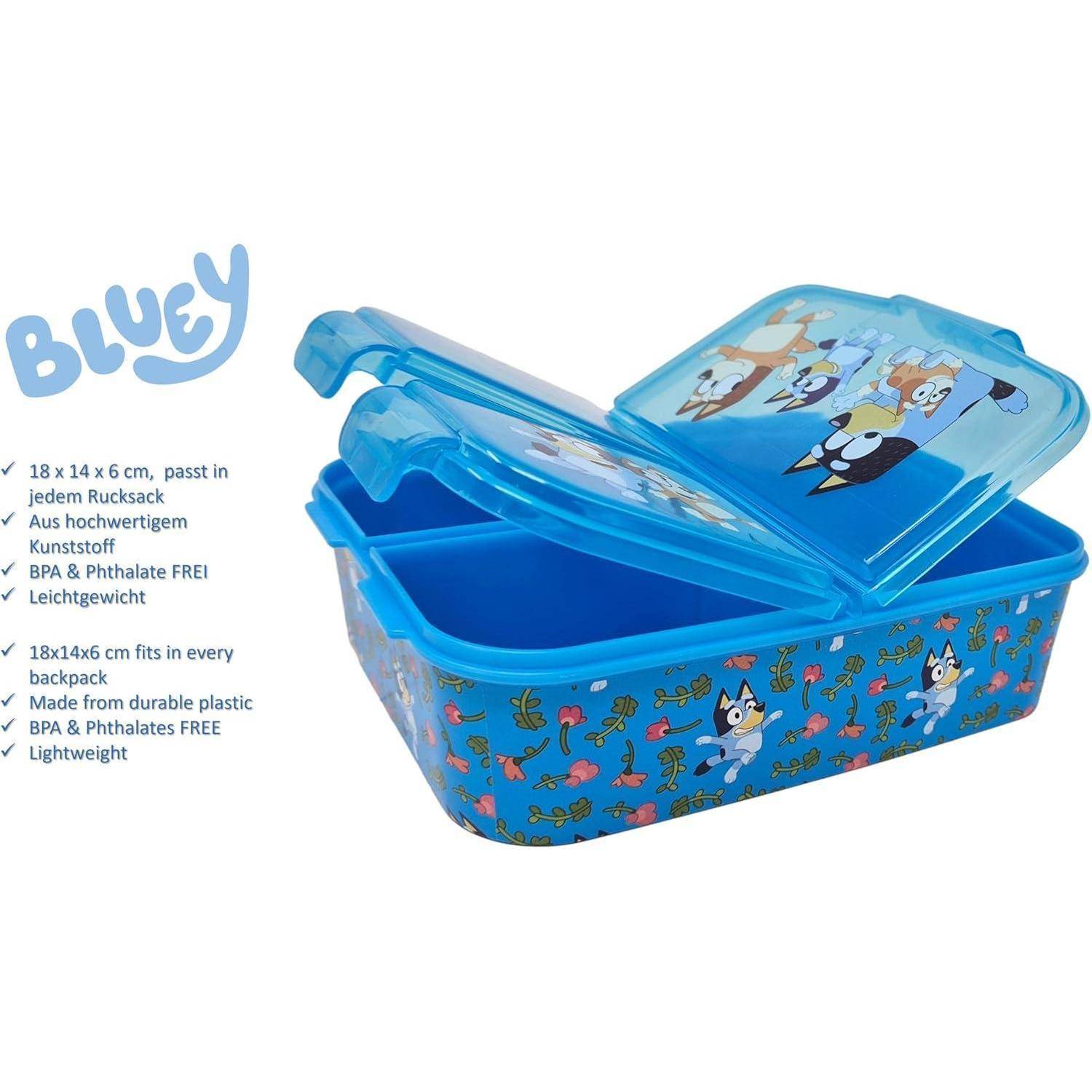 Blaue Kinderlunchbox mit Hundemotiven. Größe beträgt 18x14x6 cm, frei von BPA, Phthalaten und leicht.