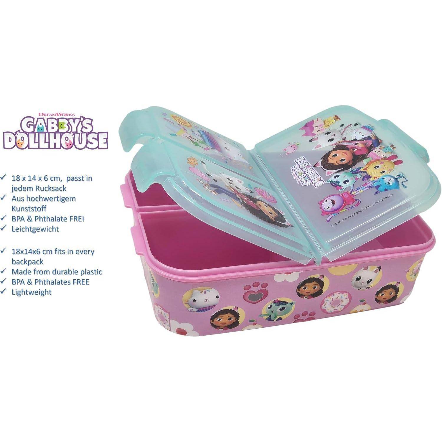 Lunchbox aus Kunststoff mit 'Gabby's Dollhouse' Charakteren auf dem Deckel. Maße: 18x14x6 cm. BPA & Phthalat-frei, leicht.
